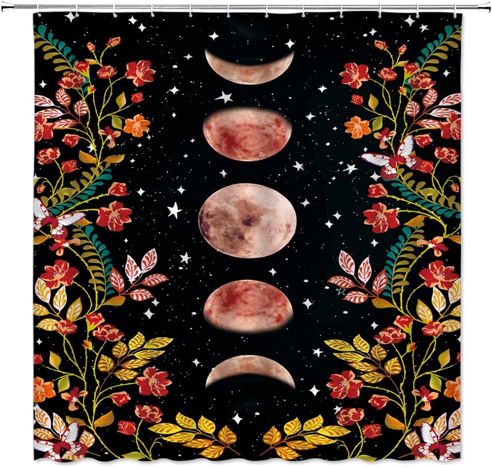 Cortina de ducha con fase lunar, flores de acuarela, mariposa, luz de luna, jardín, estilo bohemio, natural, moderno, de poliéster, adecuado para
