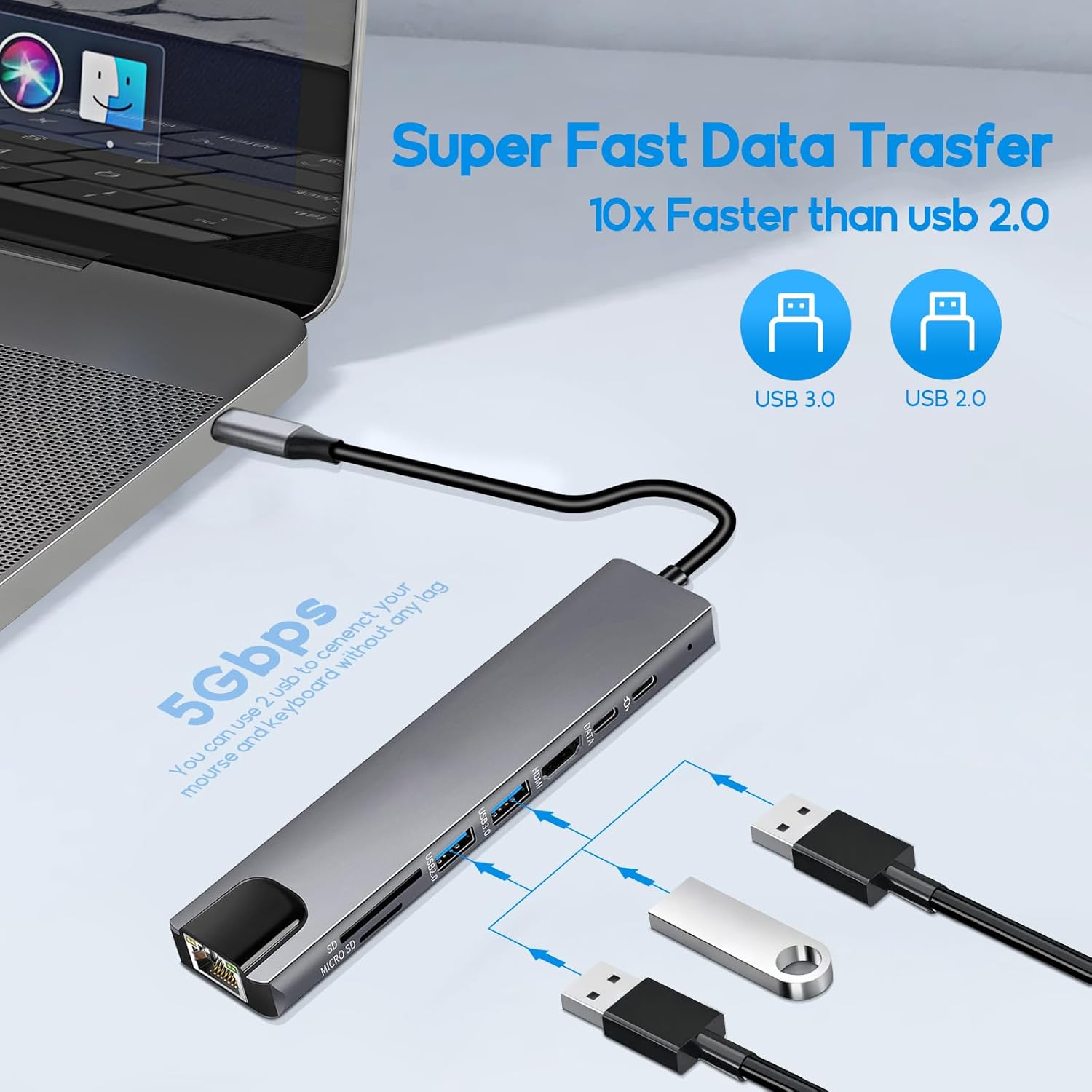 Estación de acoplamiento USB C con soporte para laptop, concentrador USB C 8 en 1 con puerto HDMI 4K 30Hz, 1 puerto USB-A 3.01 x USB-A 2.0 y 2