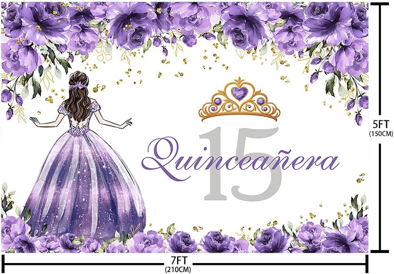 Seefeful SENDY – Telón de fondo de quinceañera de 15 cumpleaños para niñas, vestido morado, corona de princesa, fondo de fotografía, flores moradas,