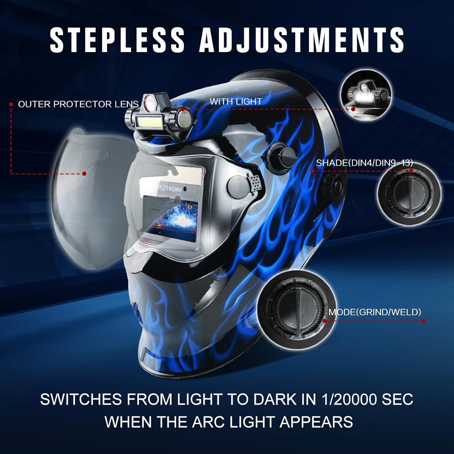 Casco de soldadura de oscurecimiento automático con campana de soldadura de color verdadero con luz solar 2 sensores de arco amplia sombra 9-13