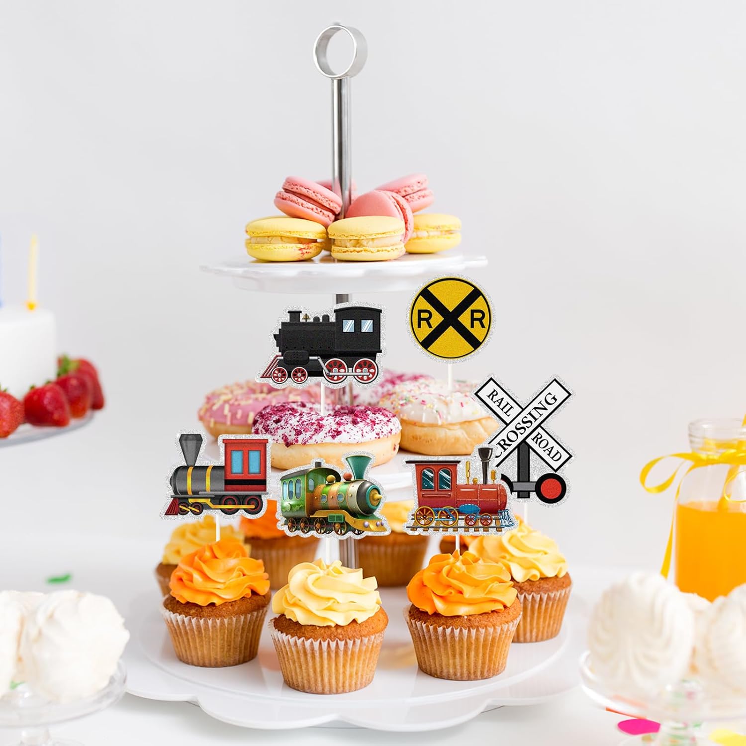 Decoración para magdalenas de postre de tren, 18 piezas de decoración de cupcakes de fiesta de ferrocarril, transporte de tráfico, decoración