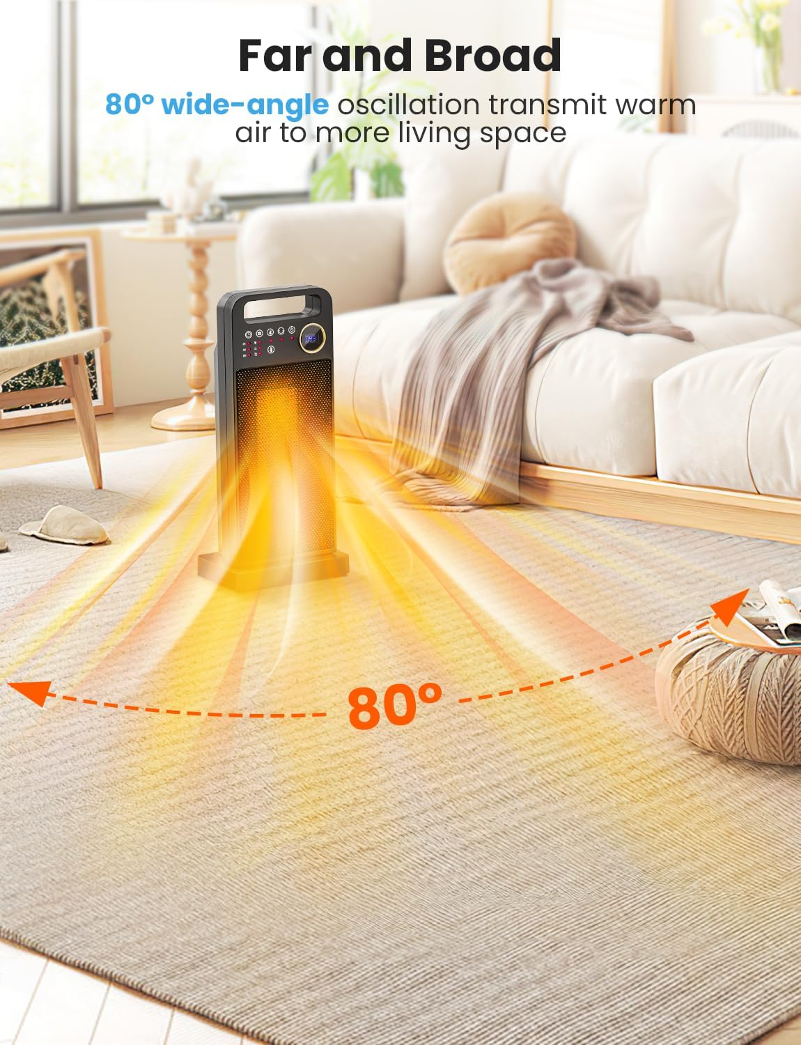 merloly – Calentadores de espacio para uso en interiores, calentador portátil de cerámica PTC de 1500 W con termostato, oscilación de 80, 5 modos,