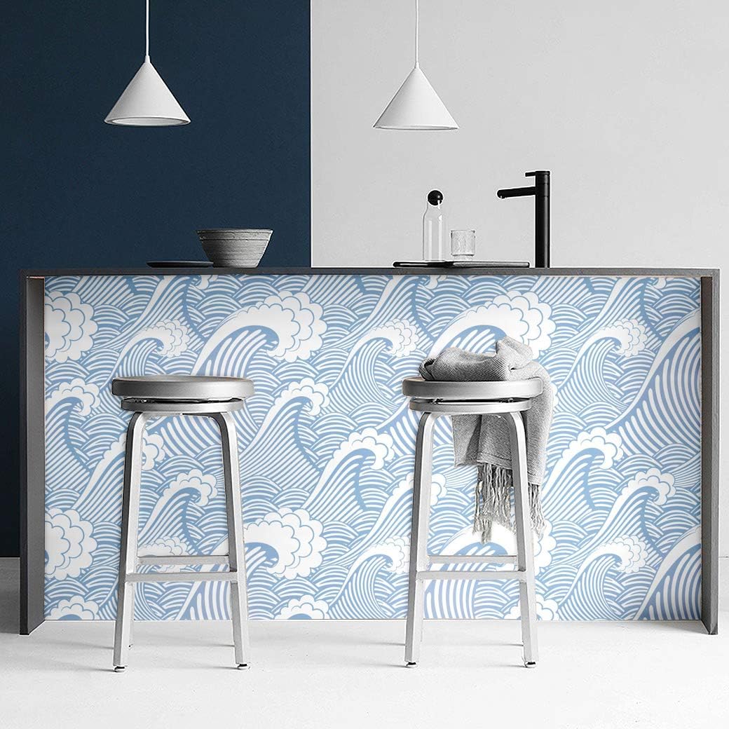 Blooming Wall CPS030 – Papel pintado a mano sin costuras de olas blancas azules y blancas, papel tapiz autoadhesivo prepegado (17.7 x 118 pulgadas)
