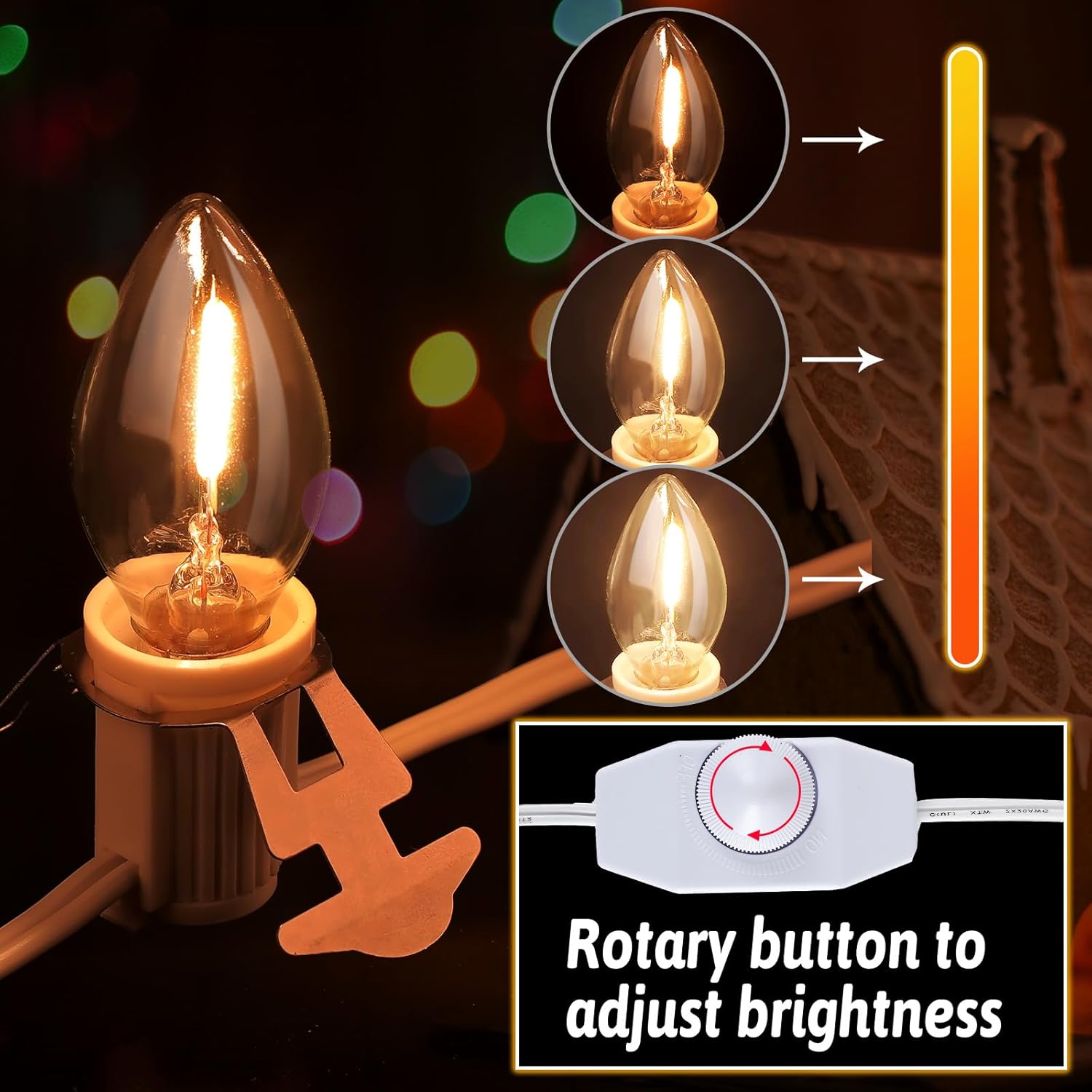 Saillong Paquete de 4 bombillas de luz de cable para casa de pueblo navideño, 6 LED C7, kit de luz de modo de soplado de Navidad, repuesto con