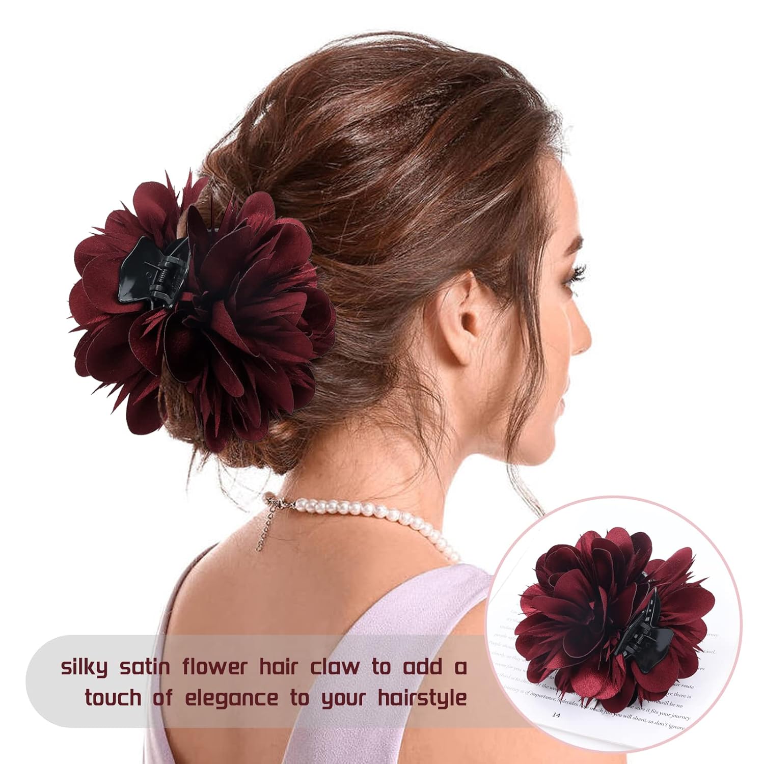 Paquete de 4 pinzas de plástico para el cabello con flores de satén grandes, pasadores, mandíbulas, abrazaderas, soportes para moño, accesorios para