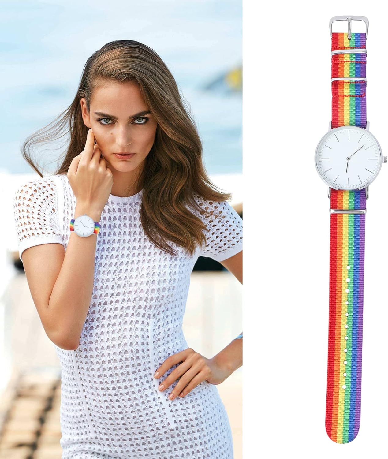 Hemobllo – Reloj de pulsera con diseño de arcoíris y cuarzo, reloj delicado, para decoración de la muñeca, para el hogar, mujeres, hombres (plateado)
