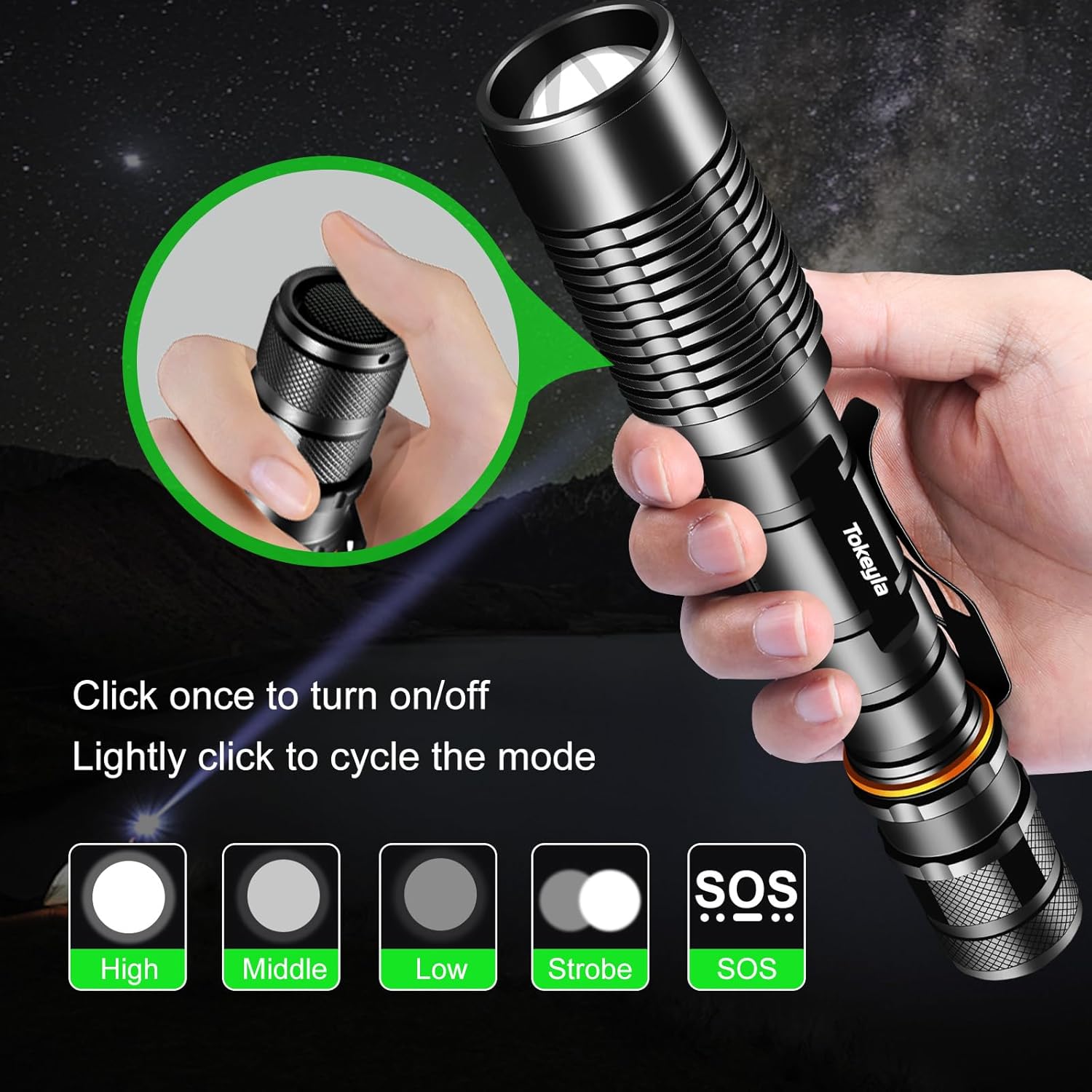 Linterna táctica LED brillante con 5 modos y función de memoria, cargador de batería de litio 18650, linternas recargables para campamento,