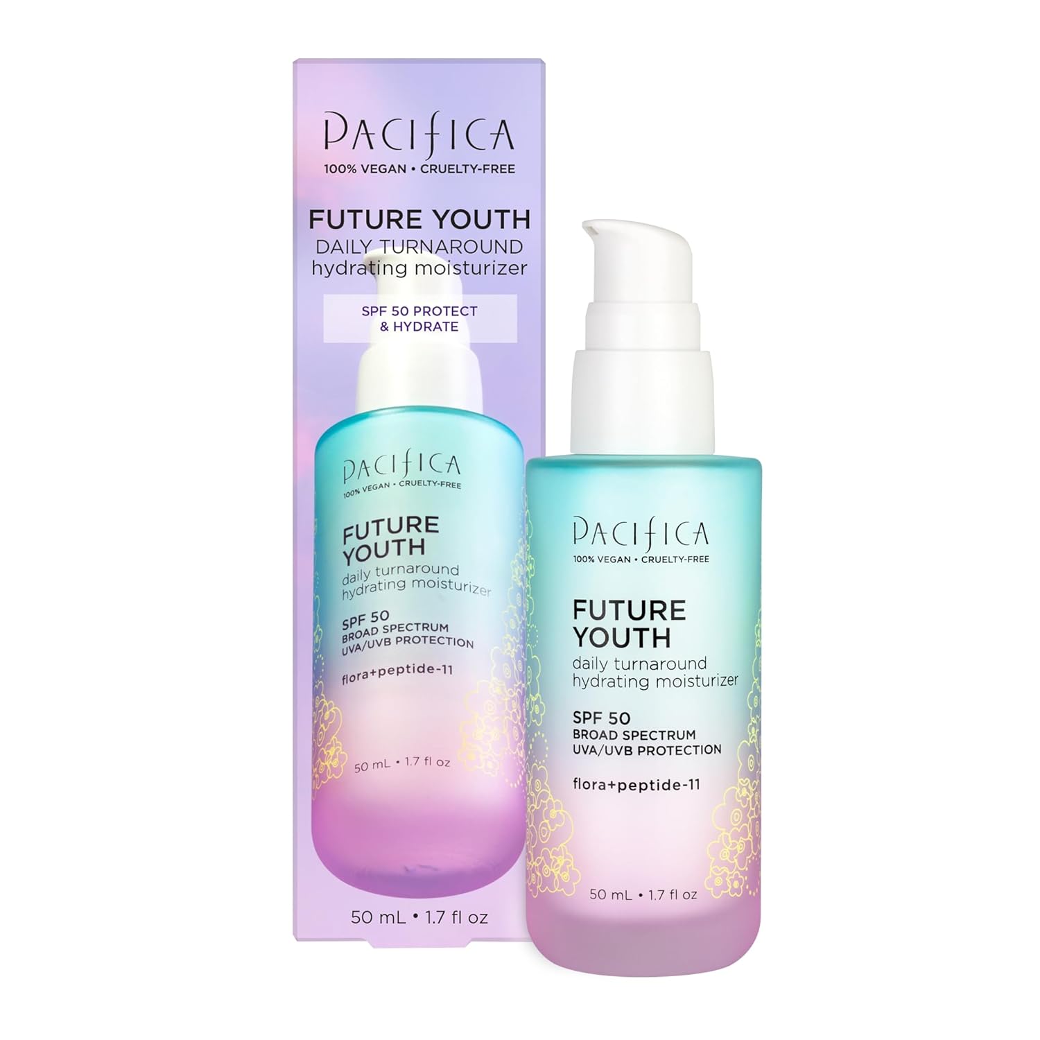 Pacifica Beauty, Future Youth Daily Turnaround Hidratante Hidratante SPF 50, Protector Solar Facial Ligero, Absorción Rápida, Combate los Signos del