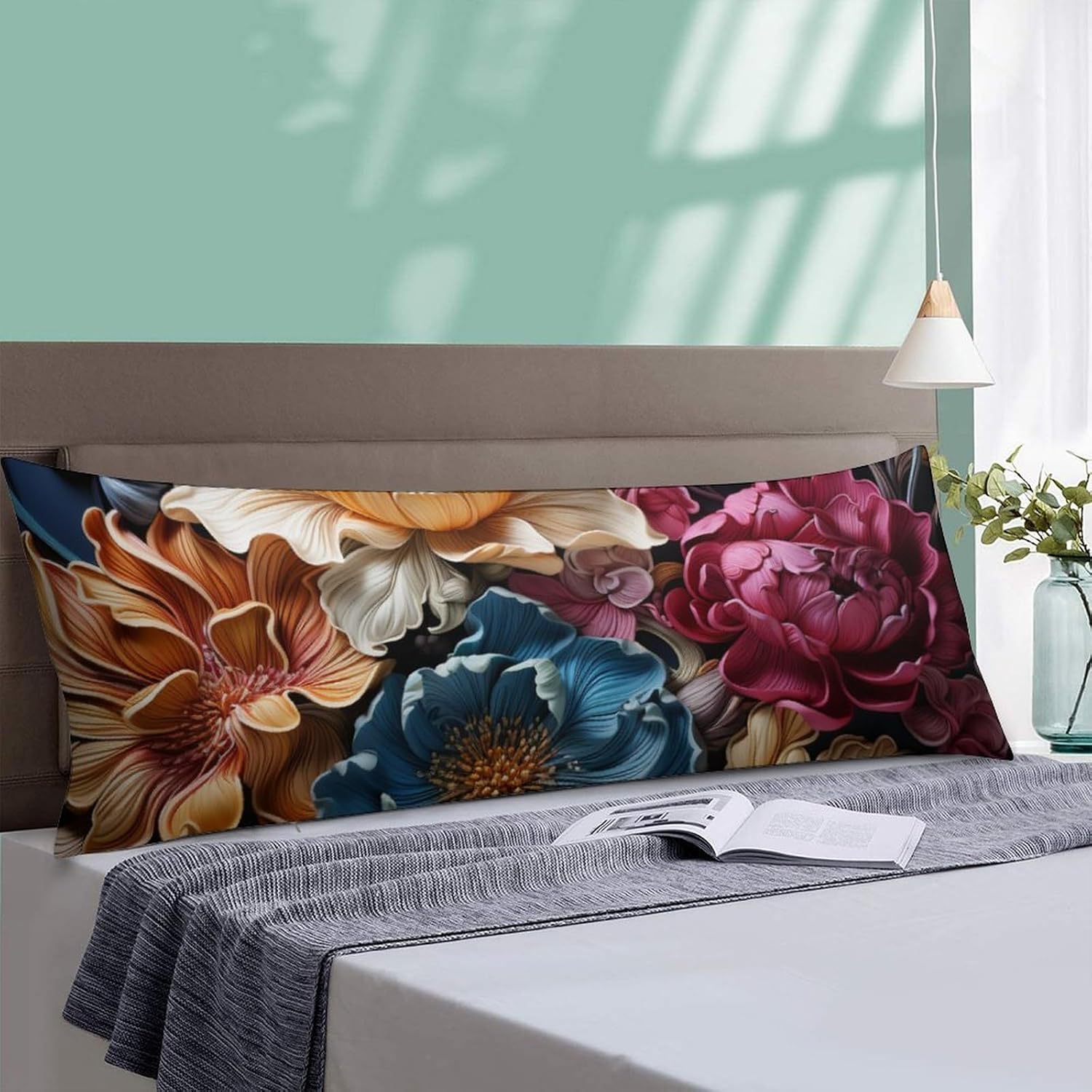 Funda de almohada corporal floral azul de 20 x 54 pulgadas de largo, con cremallera, funda protectora de almohada floral de primavera y verano, con