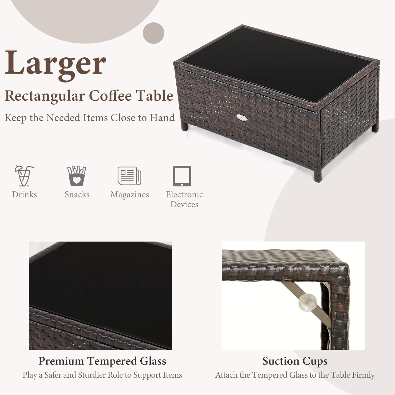 COSTWAY Juego de mesa de centro de mimbre de ratán para patio, 2 piezas, banco acolchado, cubierta de jardín