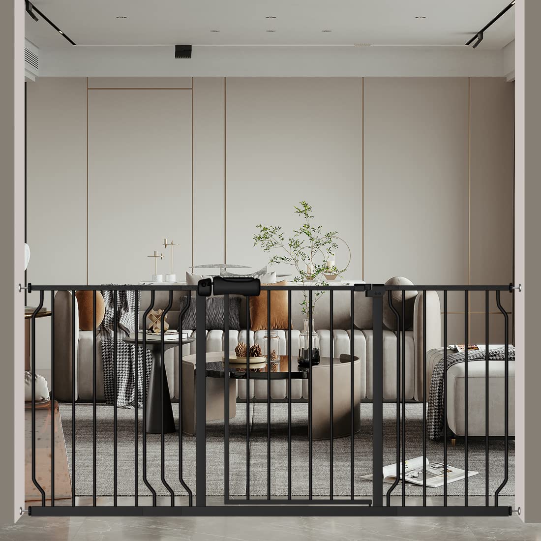 WAOWAO Puerta extra ancha para bebés de 62.19 a 66.92 pulgadas, fácil de caminar, montaje de presión, cierre automático, metal negro, escaleras,