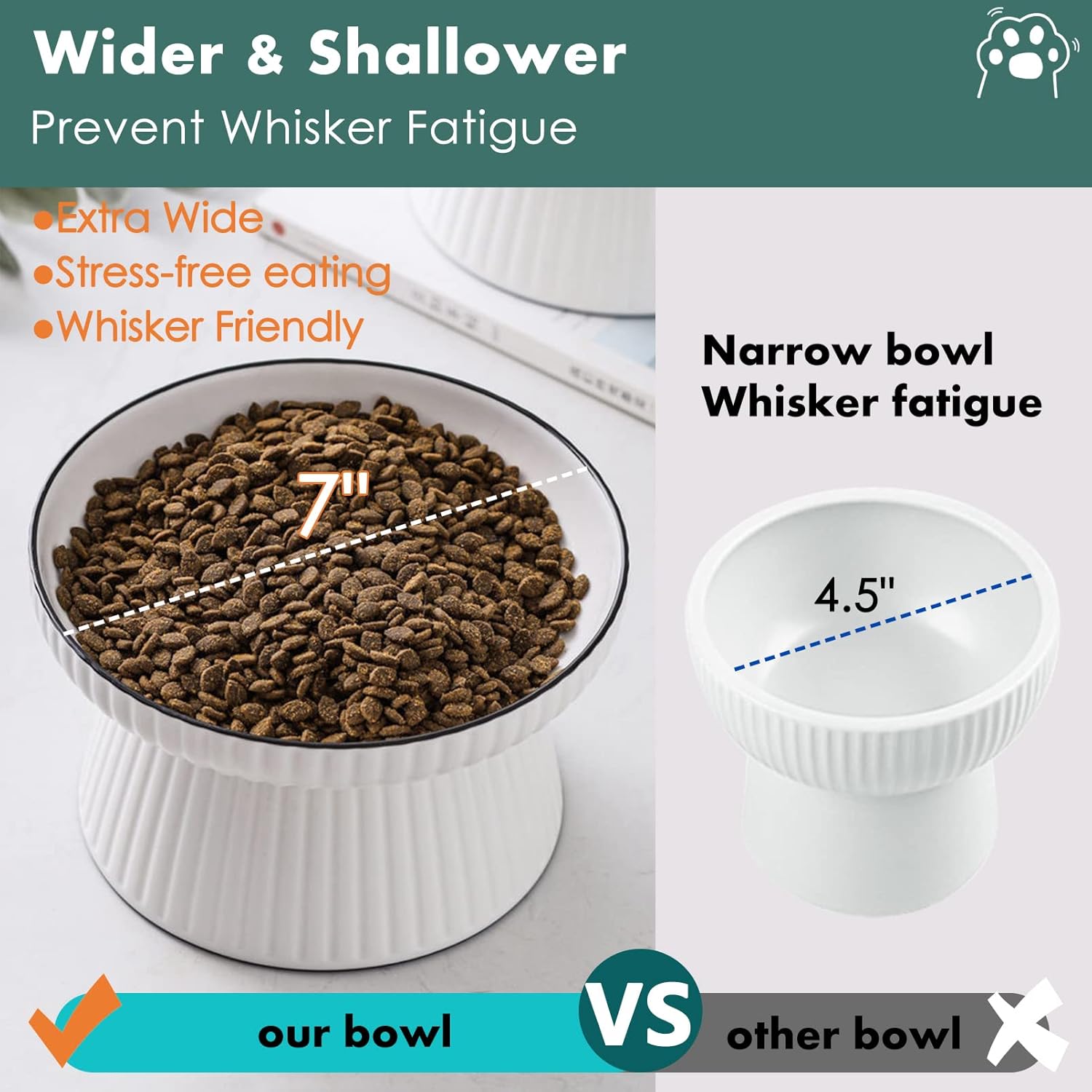 Cuenco elevado de cerámica grande para gatos, cuenco de agua elevado para gatos poco profundos con tira antideslizante para gatos y perros pequeños,