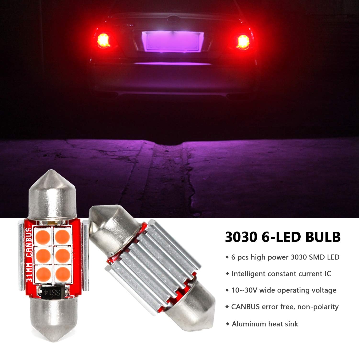 PHINLION Bombilla LED súper brillante DE3175 3030 6-SMD Festoon 1.25 pulgadas 1.220 in DE3021 DE3022 bombillas LED miniatura para mapa interior de
