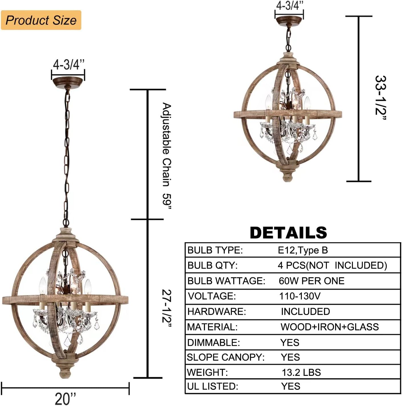 Cawabien Candelabro de metal y madera con 4 luces, estilo rústico con cristales transparentes, lámpara de techo de madera vintage para cocina,