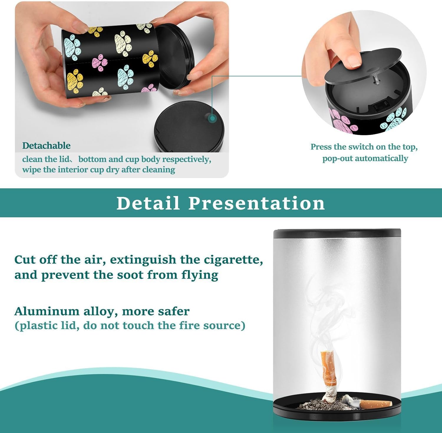 Blueangle Cenicero de auto con diseño de pata de perro, cenicero automático desmontable con tapa, mini bote de basura para portavasos de automóvil,