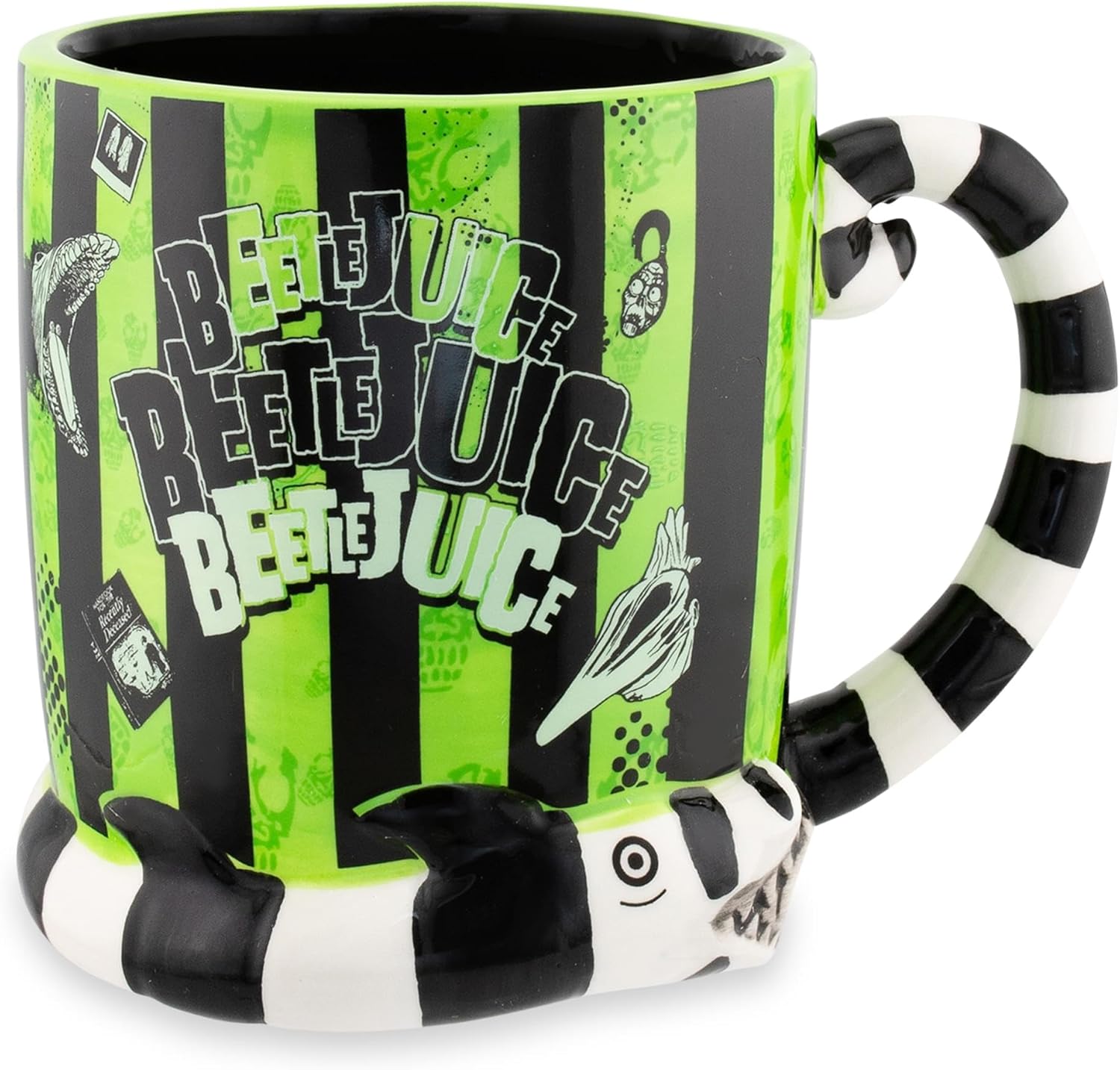 Silver Buffalo Beetlejuice – Taza de cerámica esculpida en 3D con diseño de rayas y nombres en caja, 24 onzas