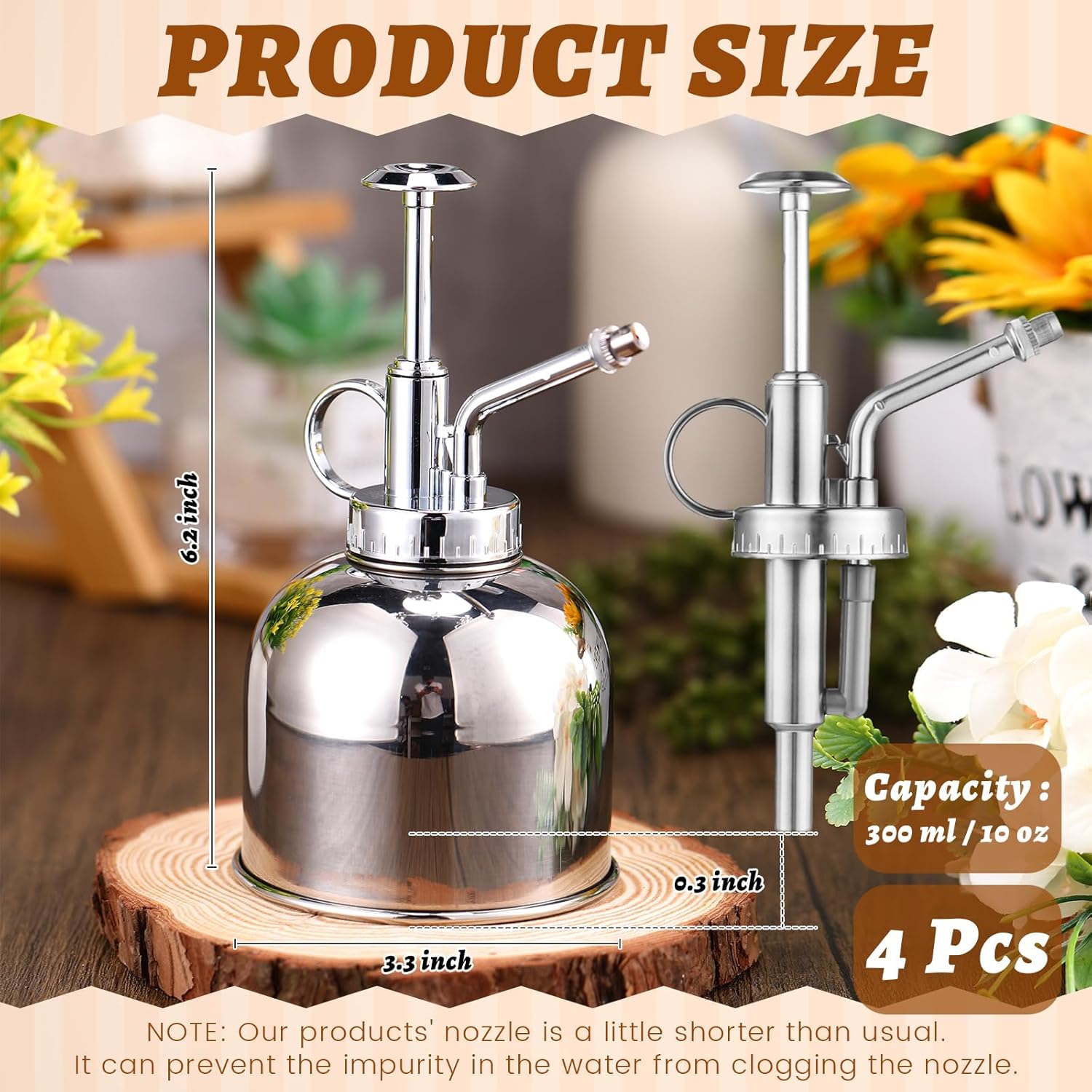 4 piezas de acero inoxidable para plantas Mister botella de riego para suculentas con bomba superior, rociador de flores, rociador pequeño, regadera
