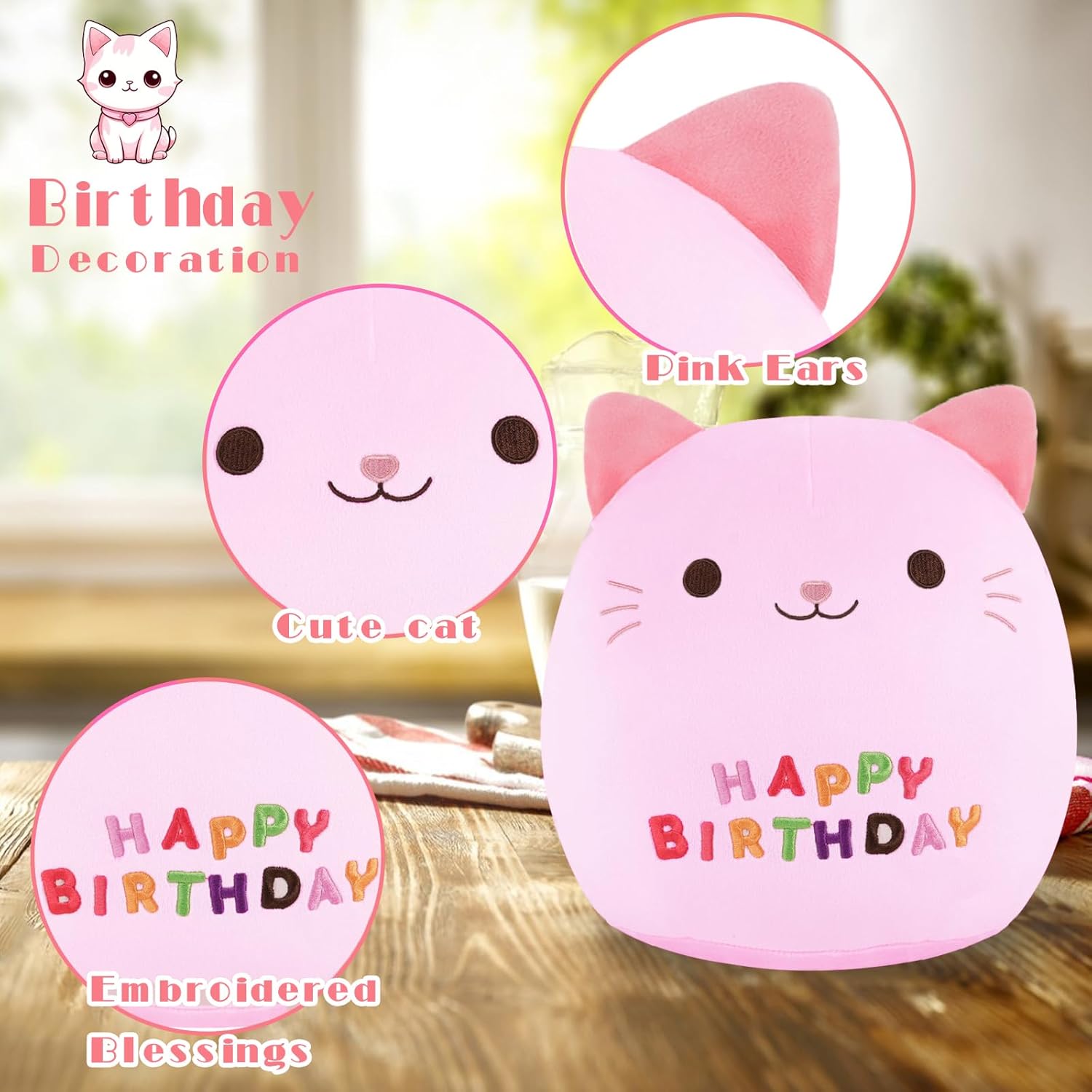 Almohada de felpa de cumpleaños de gato de 9 pulgadas, lindo juguete de peluche de cumpleaños de gato rosa, decoración de fiesta de cumpleaños,