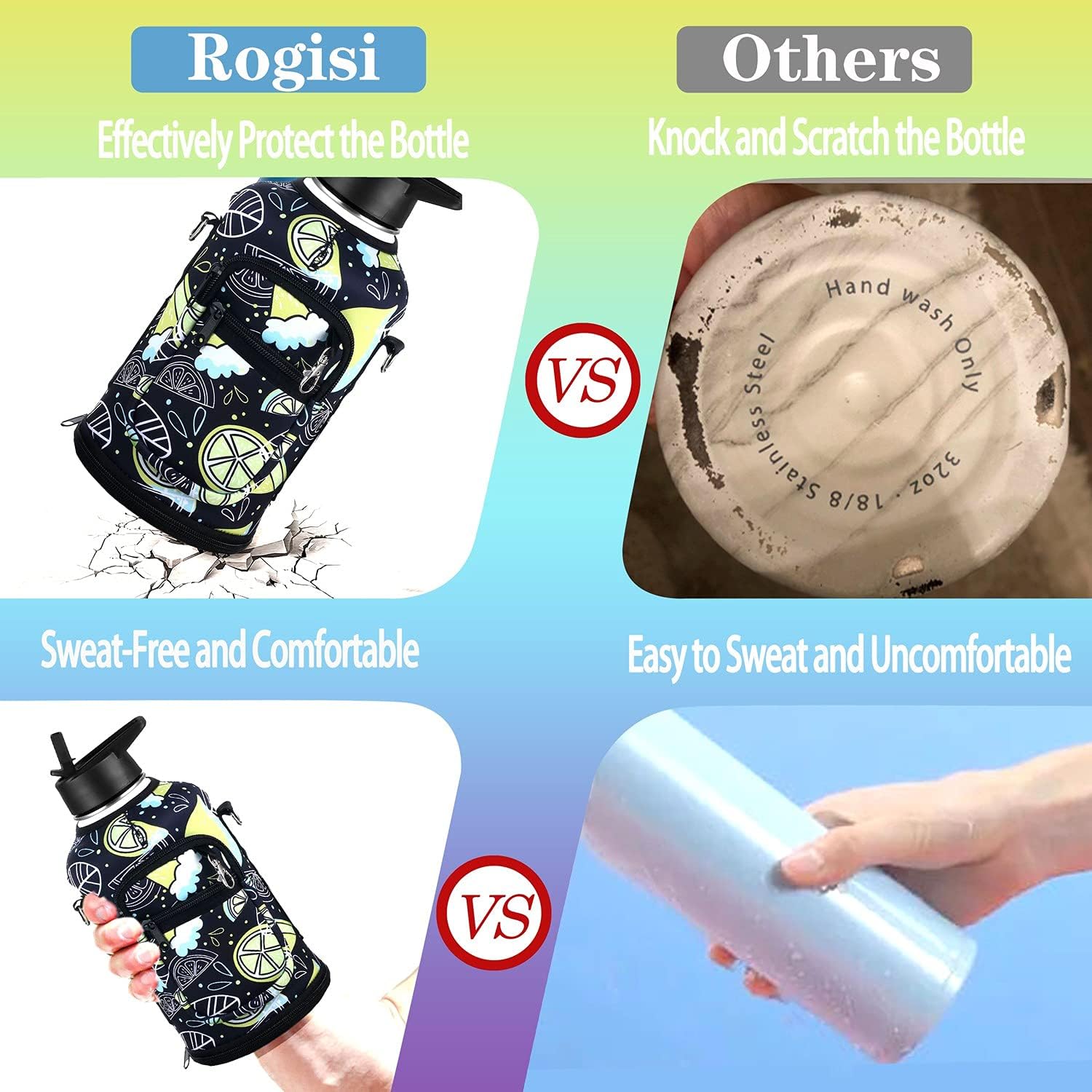 Jarra de agua grande de acero inoxidable de medio galón con popote, funda de almacenamiento y 2 tapas, botella de agua aislada de 64 onzas, boca