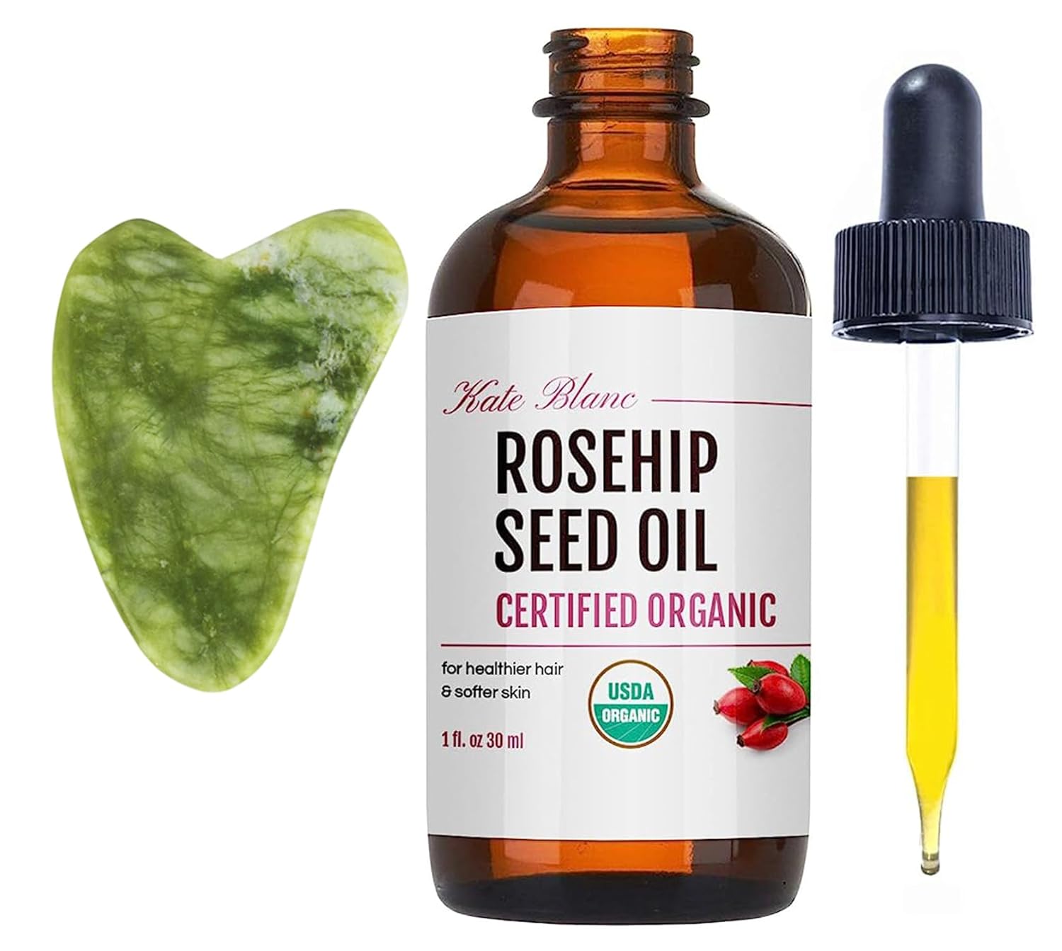 Kate Blanc Cosmetics Aceite de rosa mosqueta para cara y piel con kit de piedra Gua Sha (1 onza) Aceite de semilla de rosa mosqueta orgánico USDA