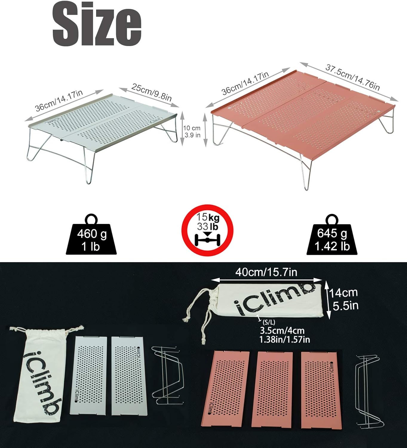 iClimb Mini mesa plegable individual ultraligera y compacta para mochileros, camping, senderismo, playa, picnic (plata – L)
