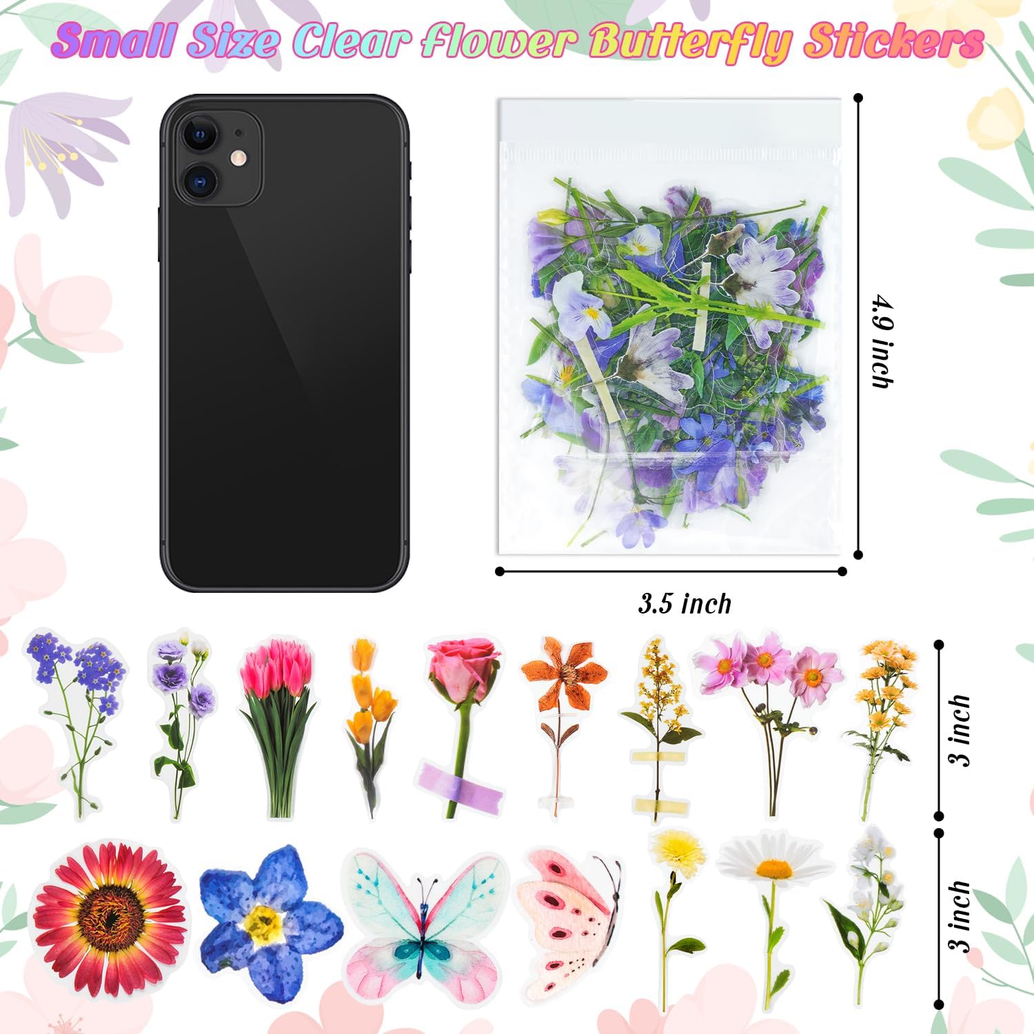 HONGTEYA Juego de 320 calcomanías de mariposa botánica de flores, calcomanías de resina de flores prensadas, calcomanías transparentes estéticas