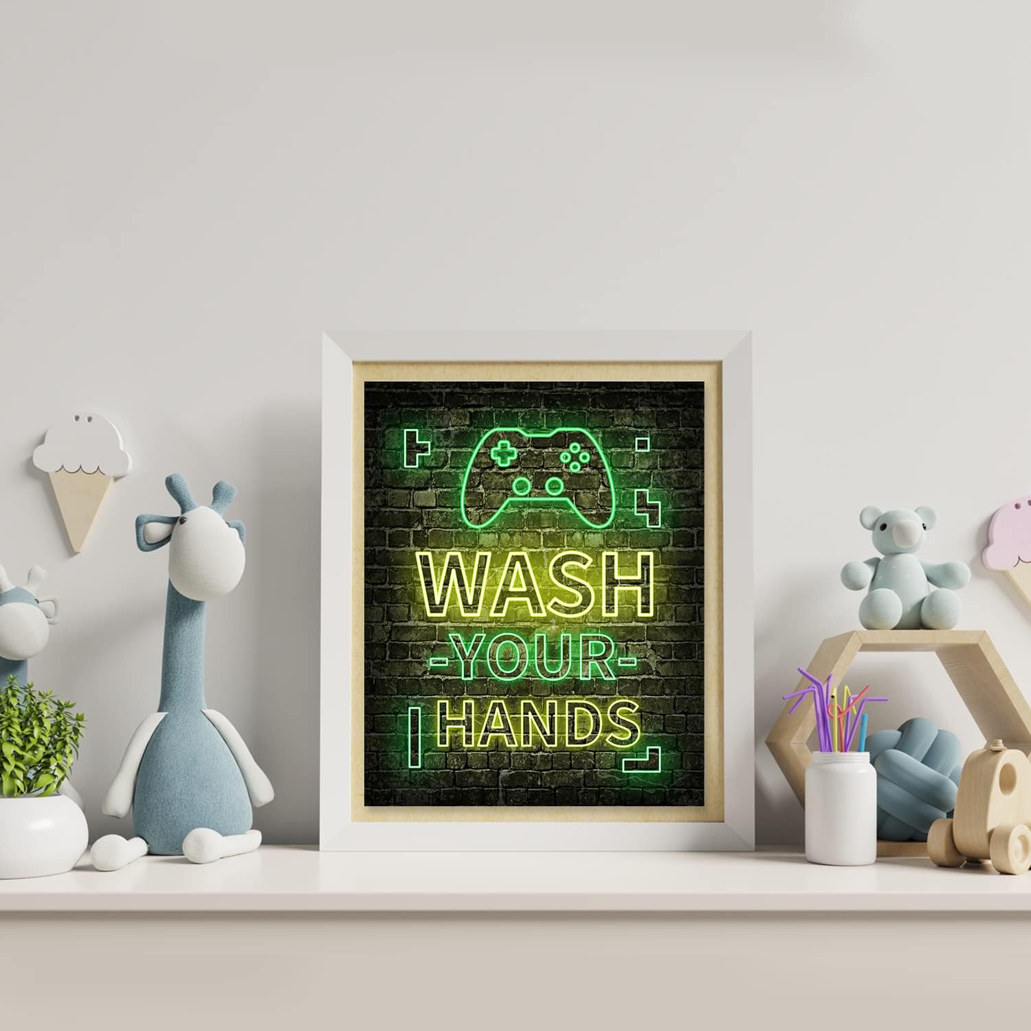Juego de 4 decoración de videojuegos neón (8 x 10 pulgadas), decoración de habitación de niños para baño, palabras divertidas, arte de pared para