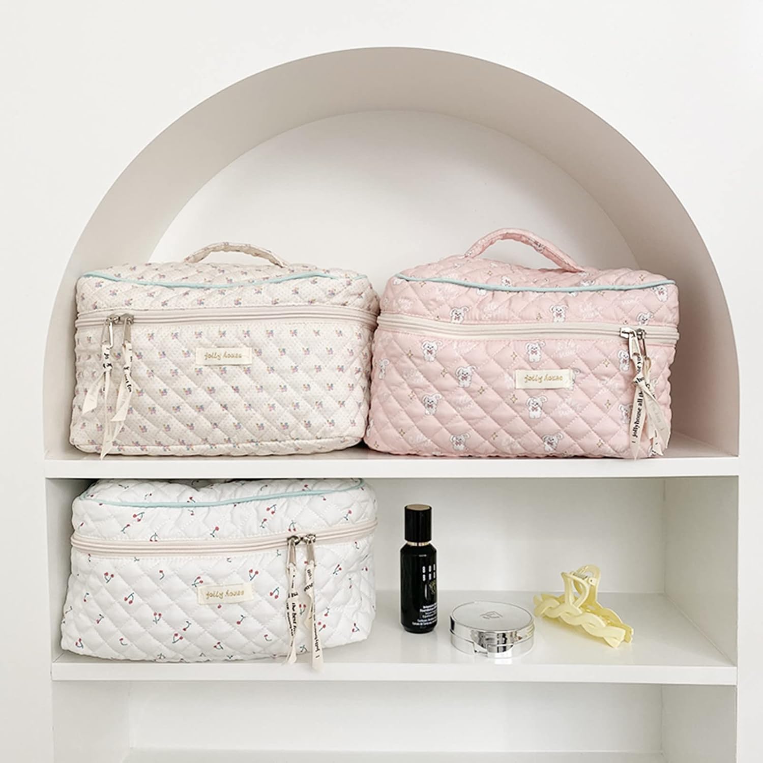 Bolsa de maquillaje floral Kawaii Coquette Bolsa de cosméticos grande organizador de maquillaje de viaje lindo bolsa acolchada de algodón para