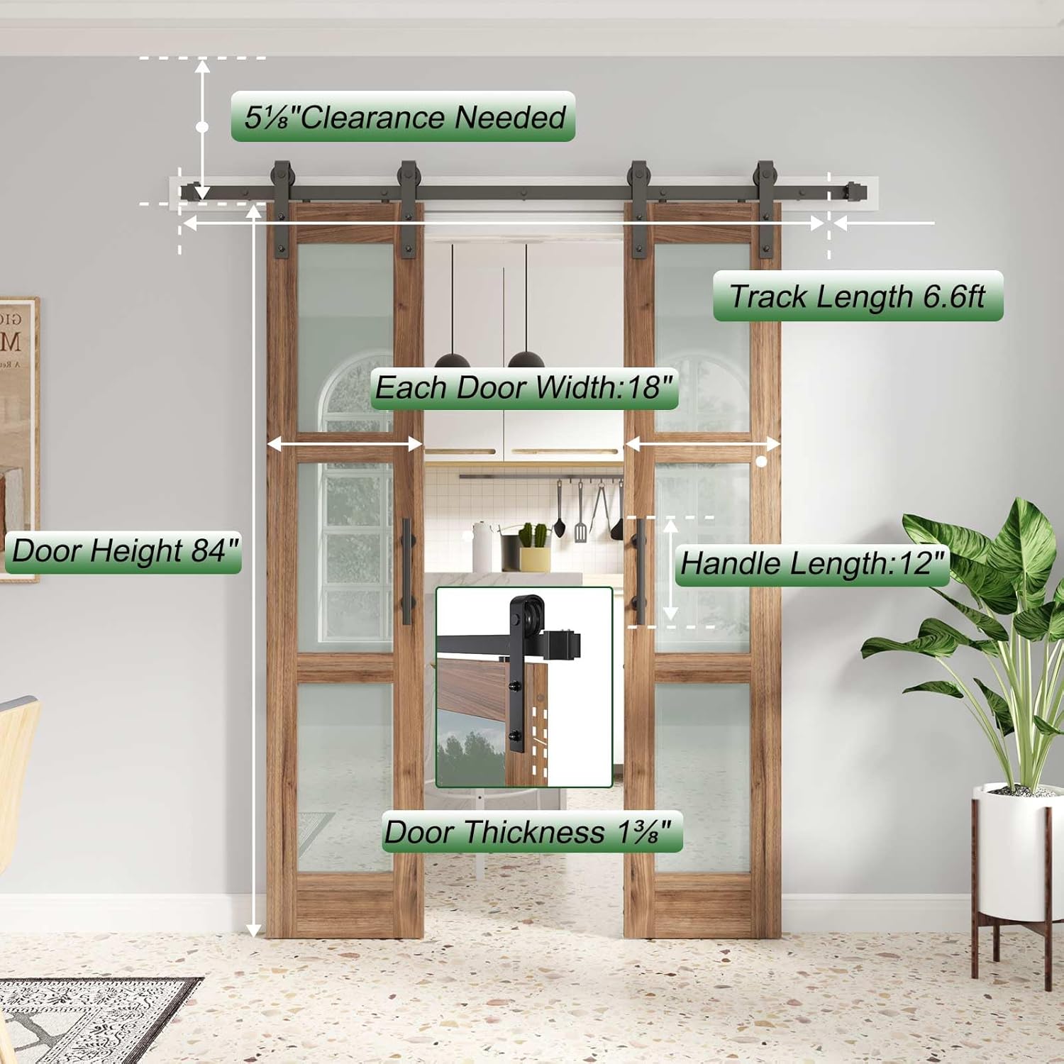 Puertas de granero de vidrio dobles de 18 x 84 pulgadas, puerta de granero de 36 pulgadas con kit de herramientas de 6.6 pies y mango incluidos,