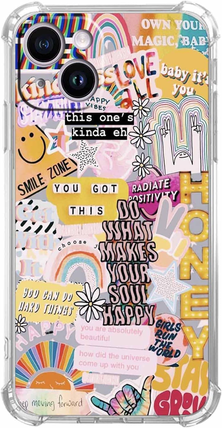 Funda con diseño de collage de citas positivas para iPhone 14 Plus, funda hippie de patrón estético indie para adolescentes y mujeres, funda única