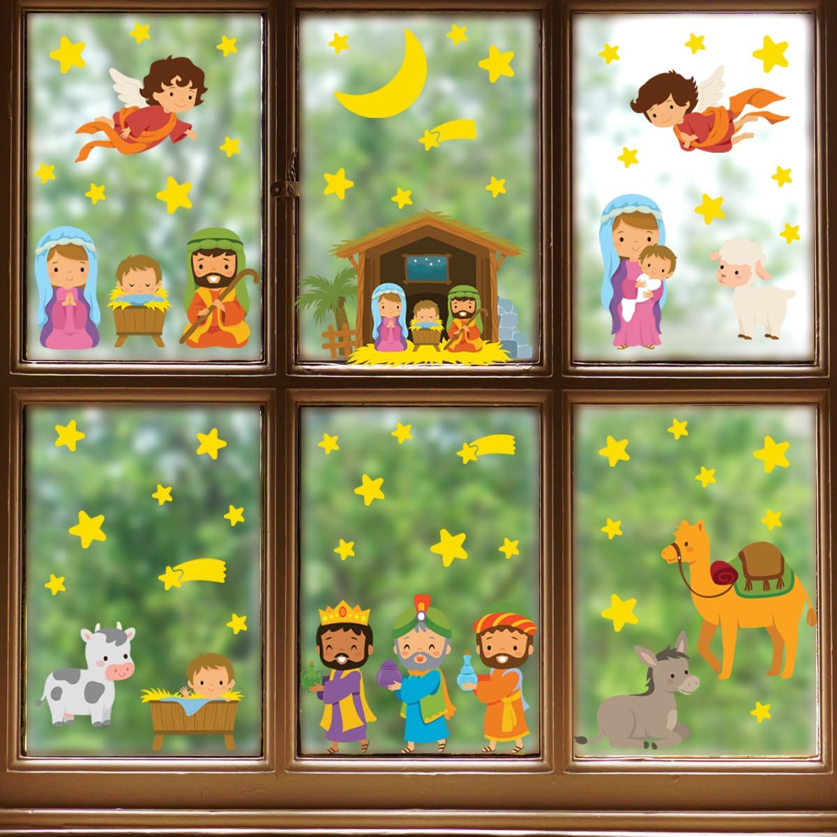 Adhesivos para ventana de Navidad, acuarela, belén, calcomanías de doble cara cristiana para ventana, diseño de El nacimiento de Jesús para