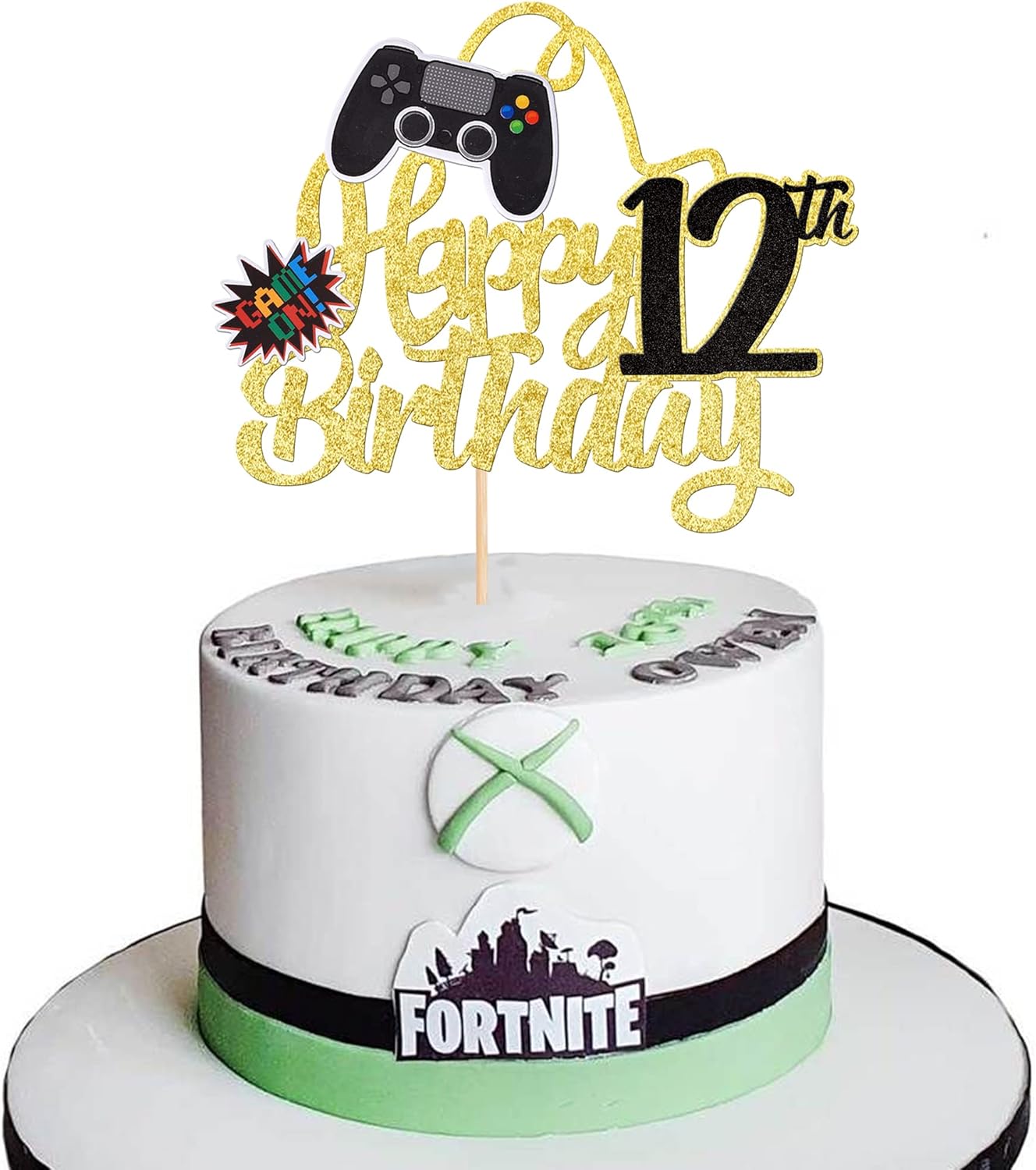 1 pieza de decoración de pastel de feliz cumpleaños 12 con purpurina para videojuego, juego de selección de pasteles en controladores, 12 saludos a