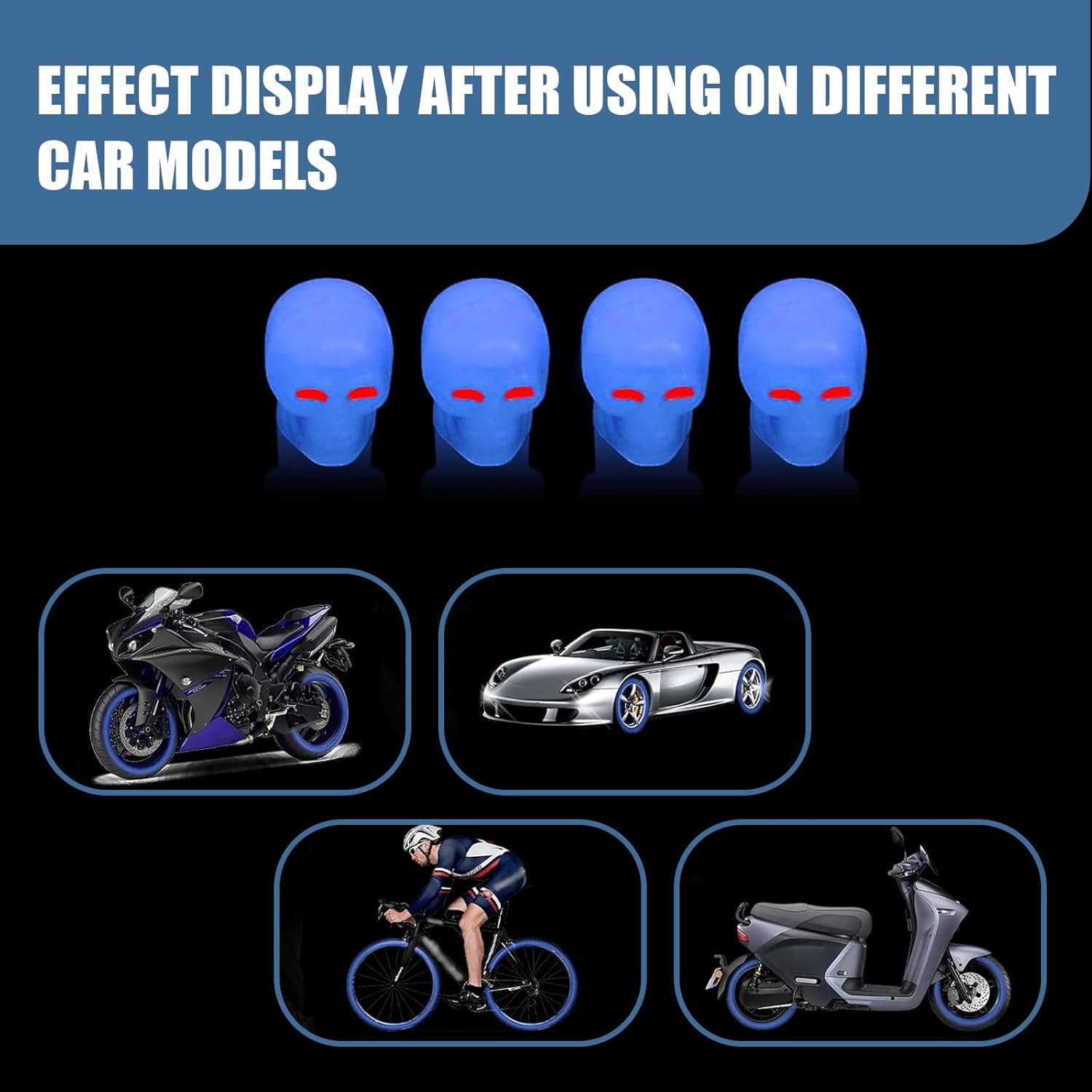 4 tapas de válvula de neumático de automóvil, mini tapa luminosa en forma de calavera, compatible con la mayoría de automóviles y motocicletas (azul)