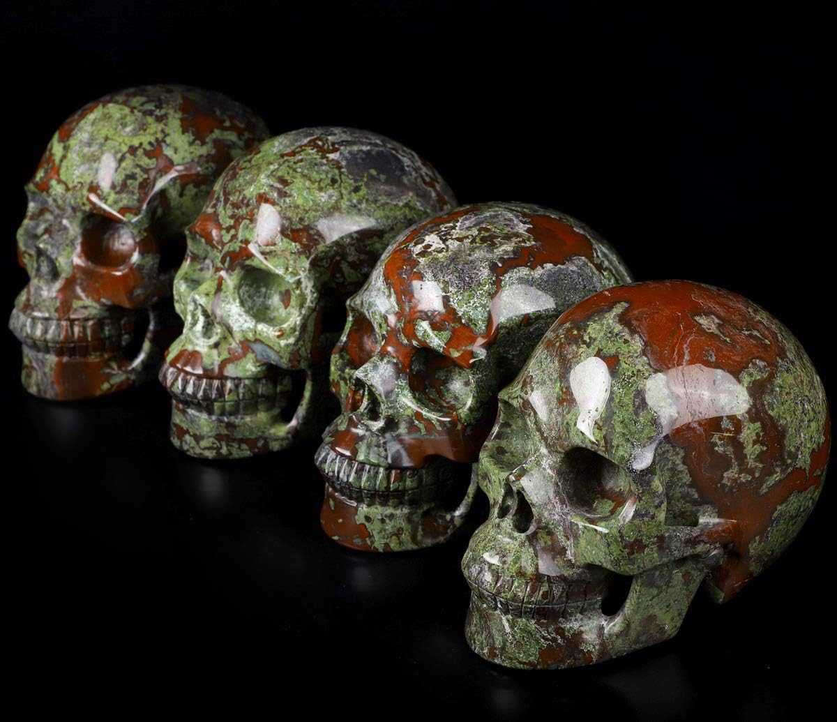 Calavera de cristal de jaspe de sangre de dragón de 5.0 pulgadas, escultura de arte fino de piedras preciosas talladas a mano, estatua de piedra