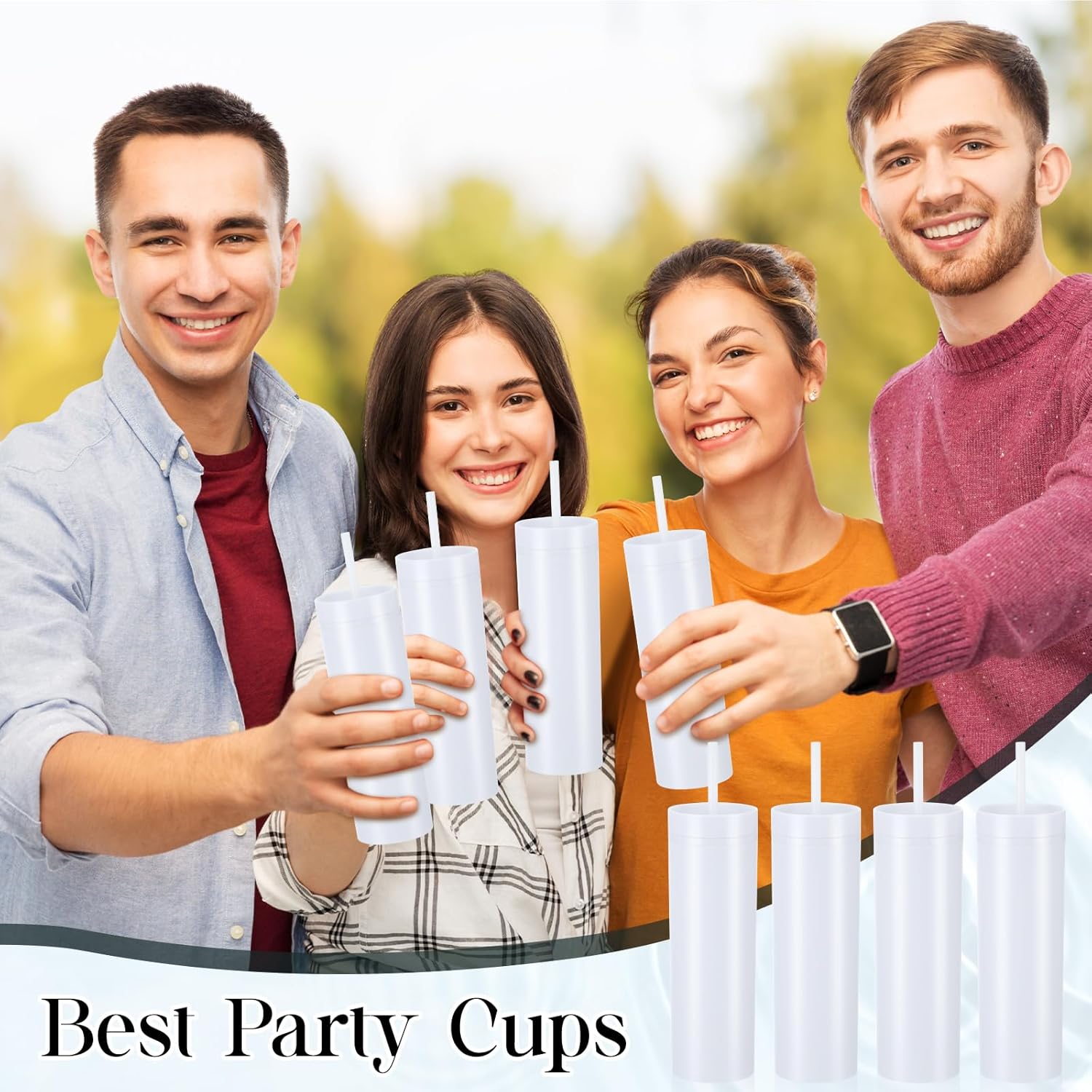 6 vasos delgados con tapas y pajillas, vasos acrílicos de 16 onzas, vasos de plástico de doble pared para despedida de soltero, bebidas frías,