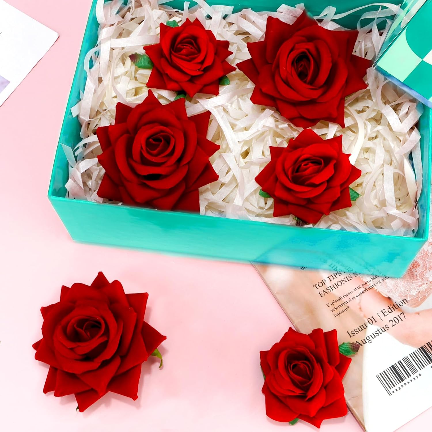 6 pinzas para el pelo de rosas rojas para mujeres y niñas, broches de flores, broches florales, pinzas de tela con rosas para el cabello, accesorios