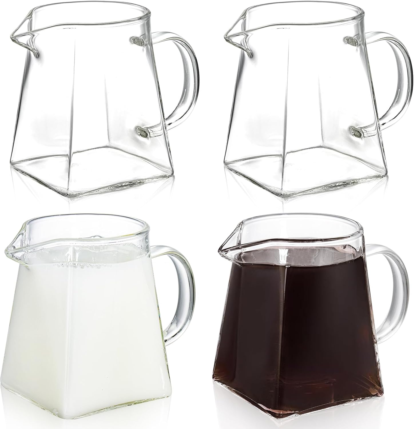 Yarlung Paquete de 4 jarras pequeñas de vidrio, jarra de té transparente de 12 onzas con asa, jarra creativa de crema de leche de café para servir