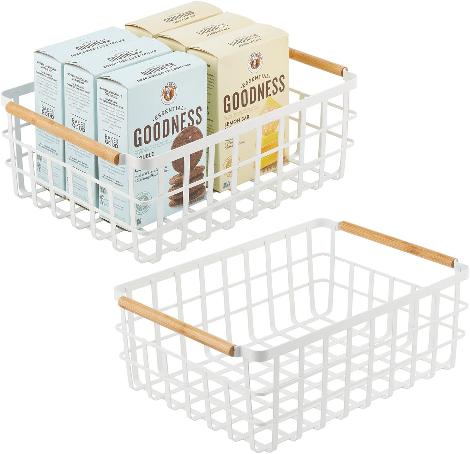 mDesign Cesta organizadora de almacenamiento de alambre de metal con asas de madera de bambú para despensa de cocina, contenedor rústico de granja