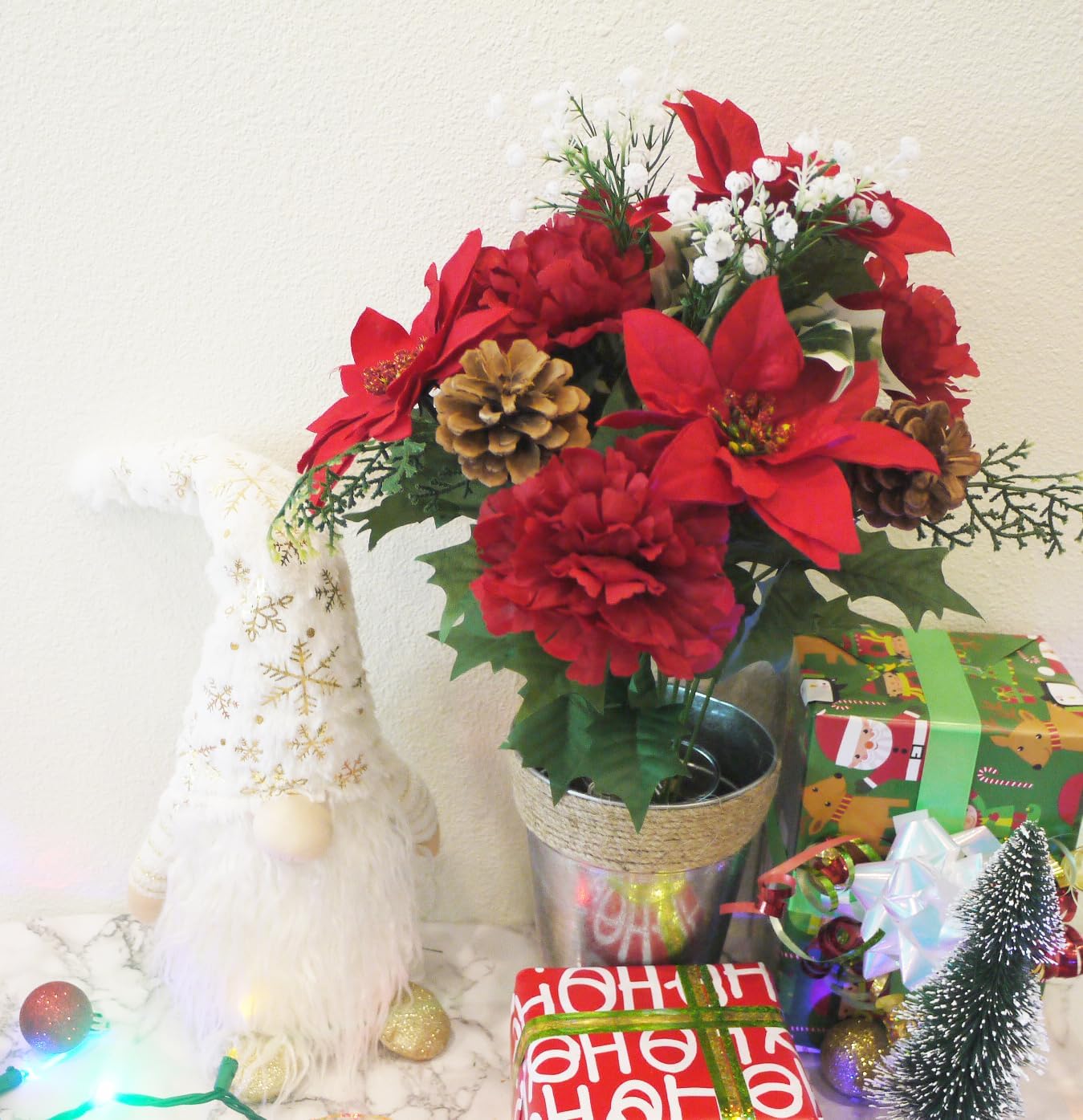 2 ramos de flores de Pascua artificiales, 14 tallos de flores de Navidad falsas, de terciopelo sintético, clavel de Pascua para decoración del