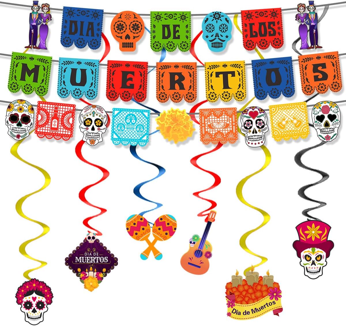 29 unidades de Día de los Muertos Papel Picado Banner Halloween Calavera de Azúcar Pancarta de papel colorido Dia De Los Muertos guirnalda para