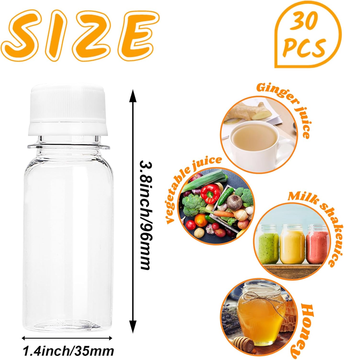 30 botellas de plástico pequeñas de 2 onzas para líquidos, chupito de jengibre con tapas, botellas vacías para licor, jugo, bodas, fiestas, bricolaje