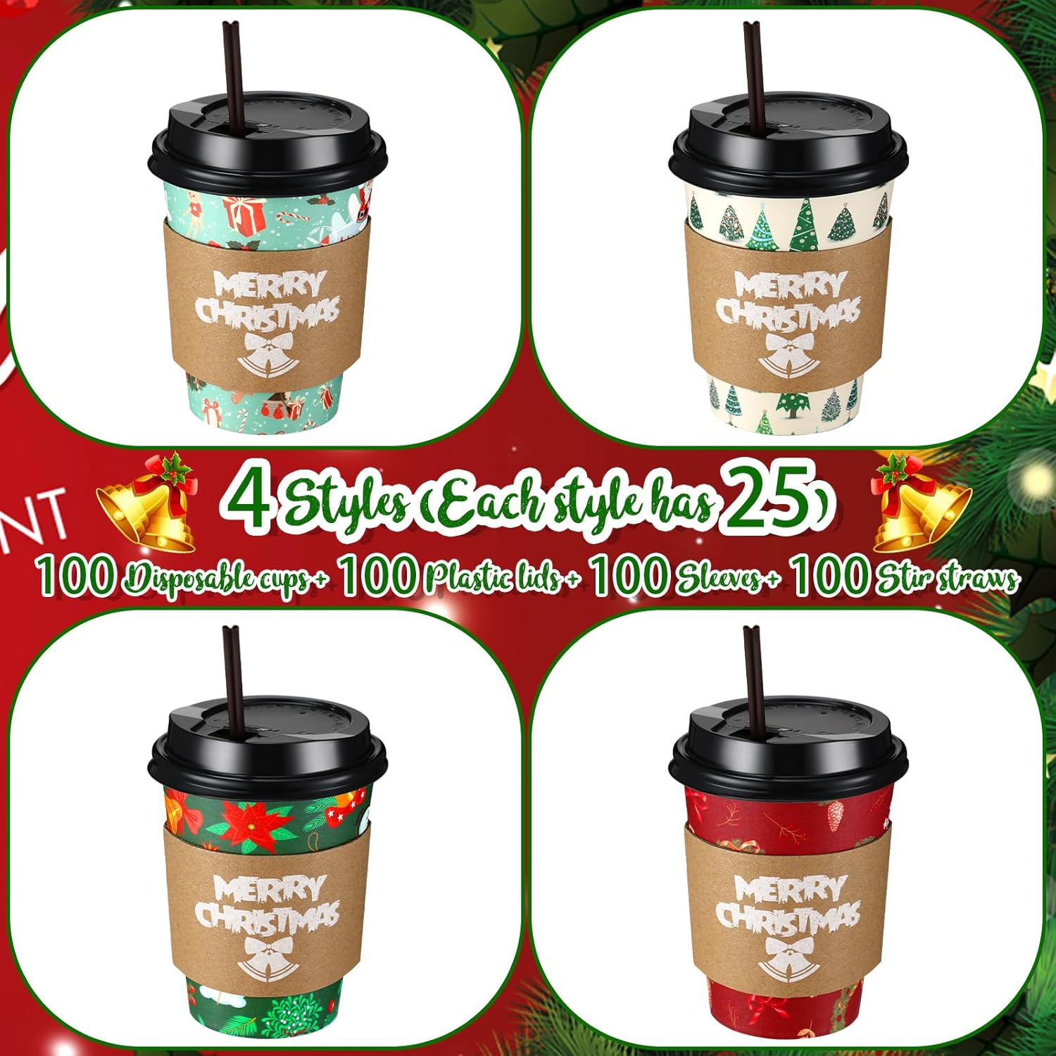 Lallisa Juego de 100 vasos de papel de café de Navidad desechables con tapas, pajitas, manga, 12 onzas, muñeco de nieve navideño para bebidas de