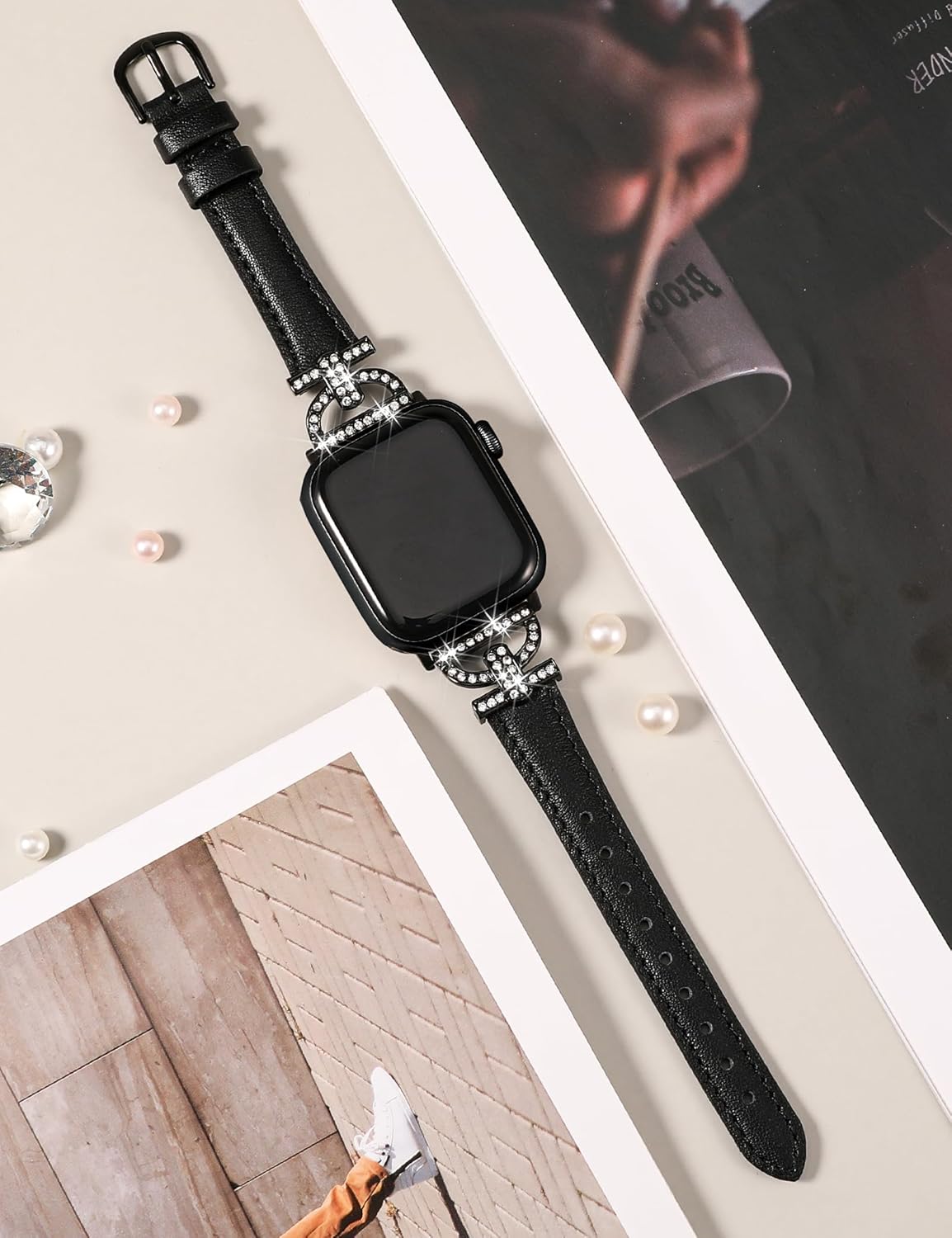 TOYOUTHS Correa de cuero compatible con Apple Watch Band 3840414244451.929 in, correa delgada y elegante para mujer con hebilla de metal de diamante