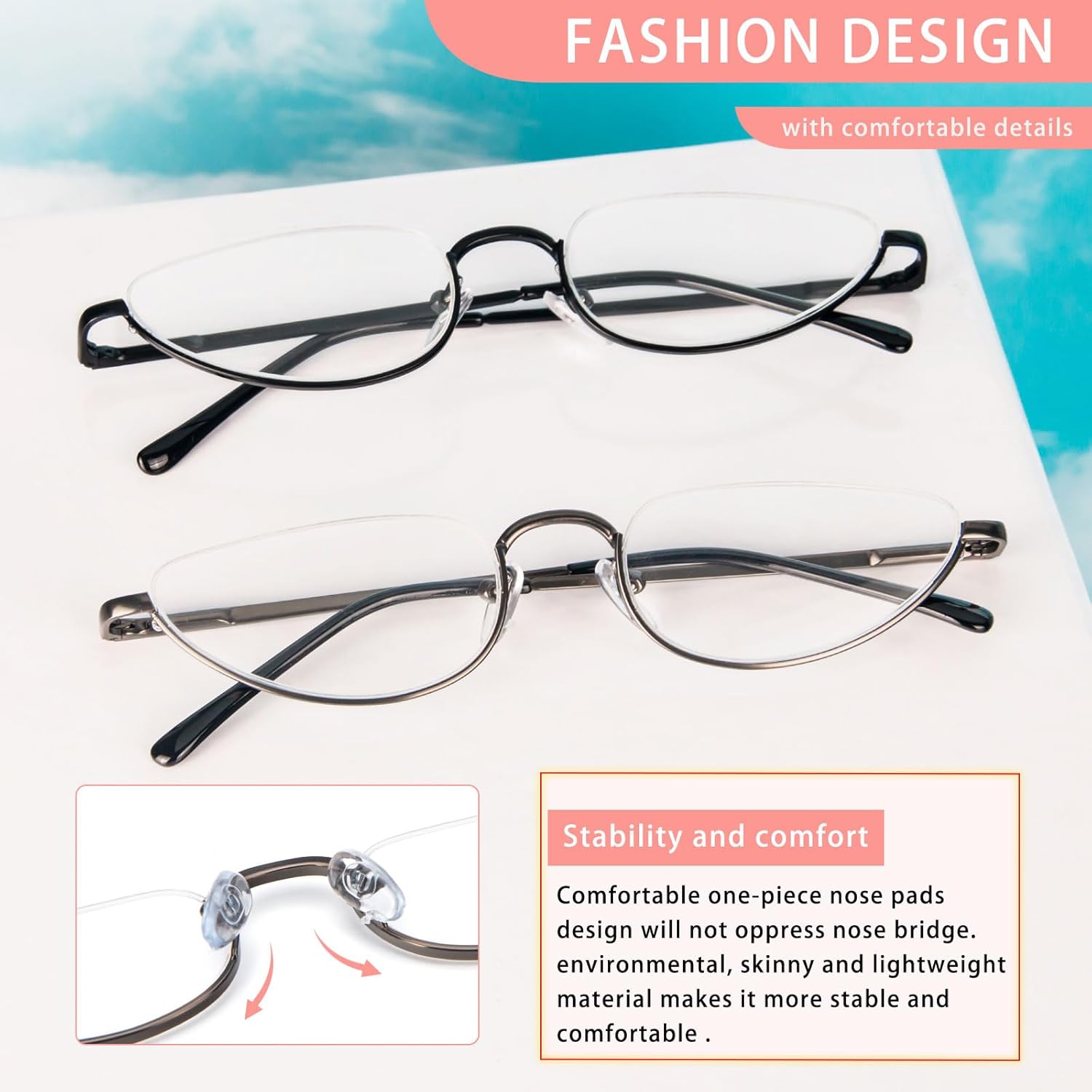 KoKoBin Lentes de lectura de media luna para hombres y mujeres, lentes de montura metálica con bisagra de resorte