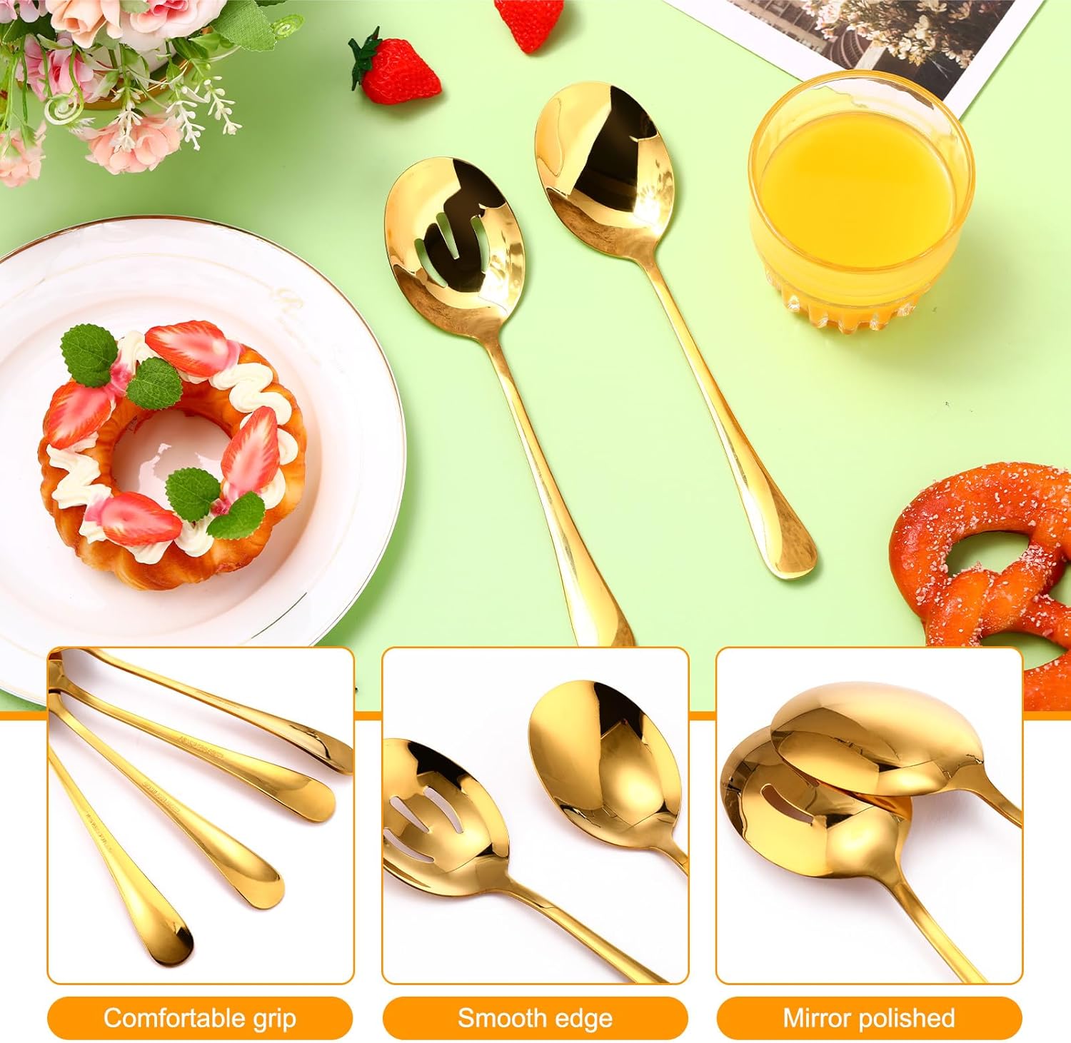 Juego de 16 cucharas doradas de acero inoxidable, incluye grandes cucharas ranuradas de metal para Navidad, bufé, fiesta, banquete, cocina,