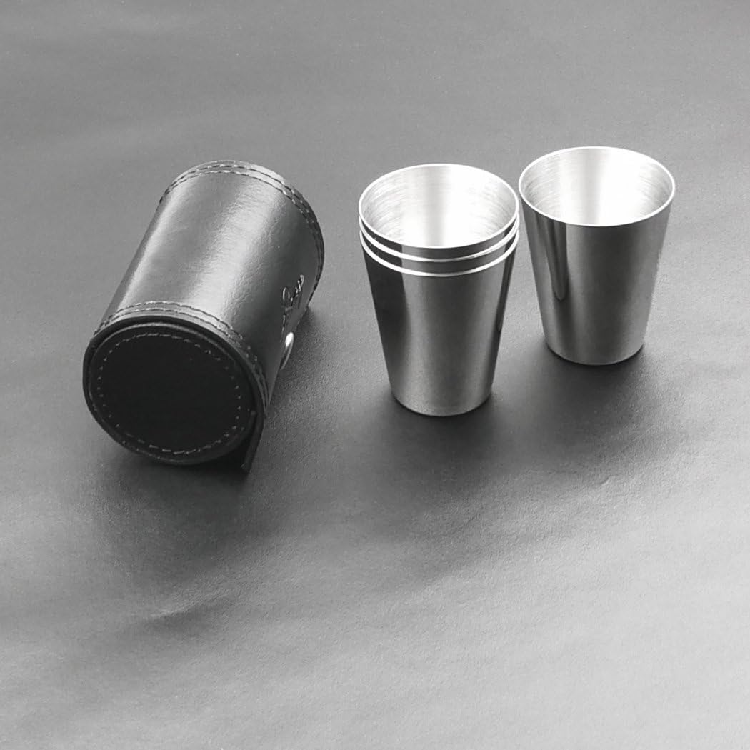 iSavage Vasos de chupito con funda de cuero negro de 1.2 onzas cada juego de 4 vasos de acero inoxidable 188, 1 bolsa reutilizable – YM201