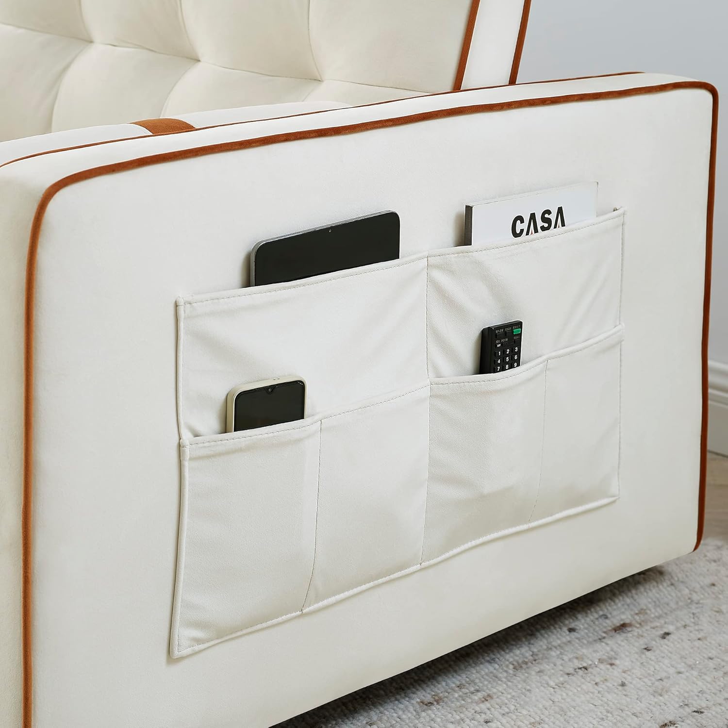 Sofá cama extraíble, color beige de 38.5 pulgadas de ancho + bolsillos laterales y almohadas lumbares