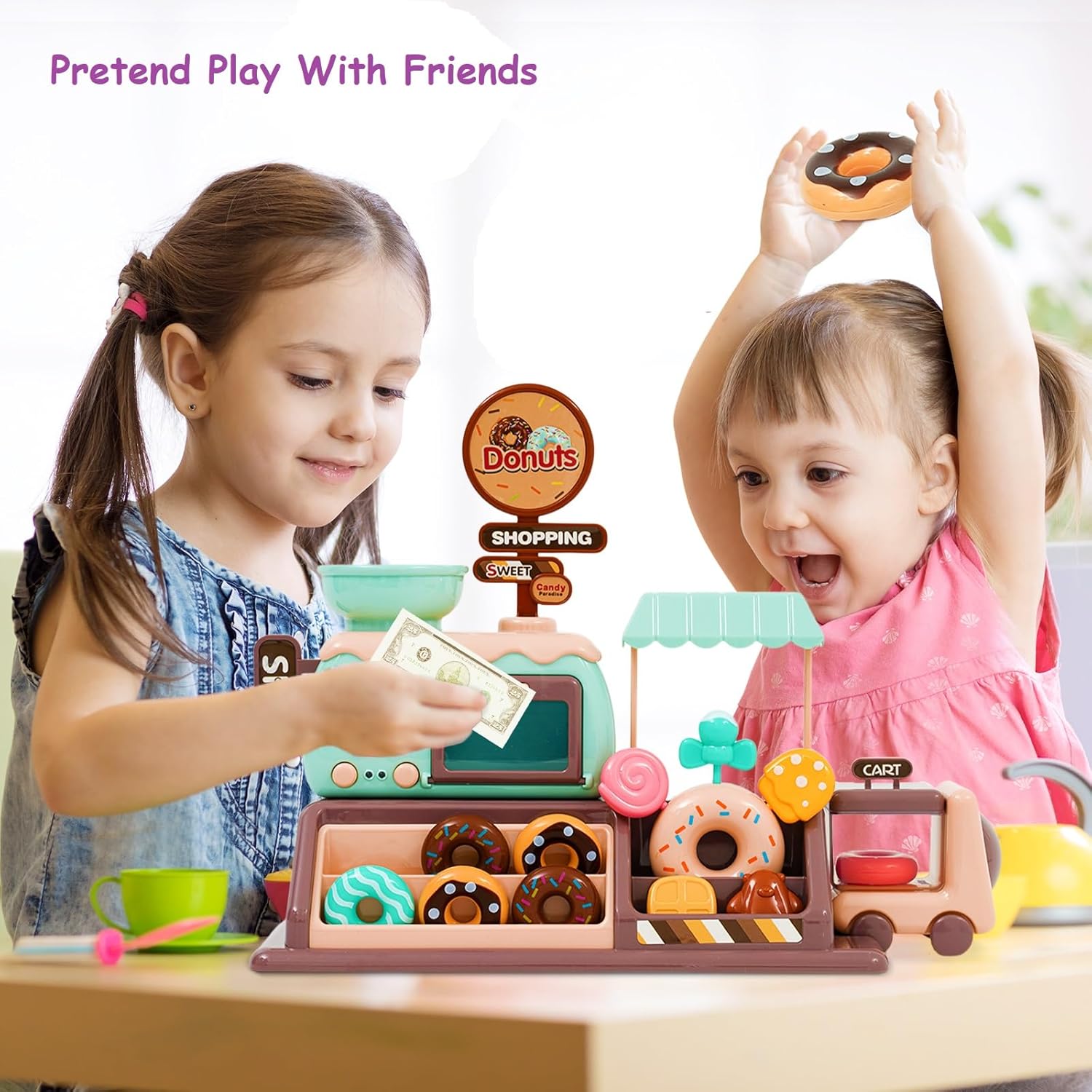 Juego de tienda de donas para niños pequeños, caja registradora y hornomicroondas incluidos, con música ligera y sonora, juguete de regalo de