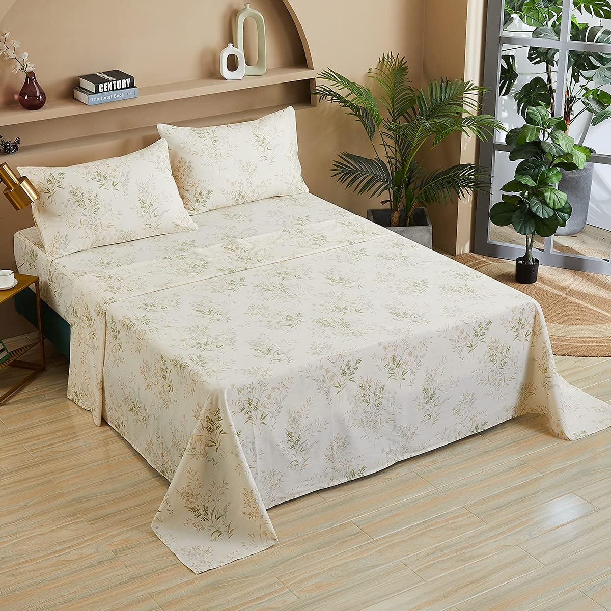 FADFAY Juego de sábanas de hojas florales, tamaño King, 100% algodón de primera calidad, 600 hilos, ropa de cama de flores verdes y crema, estampado