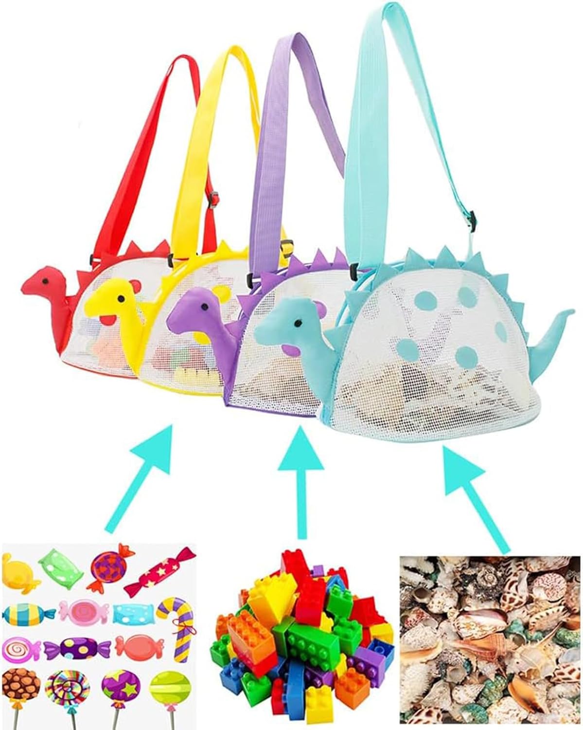 Bolsa de playa de malla para juguetes de playa, bolsa de recolección de conchas para niños, bolsa de juguetes de playa de dinosaurio para sostener